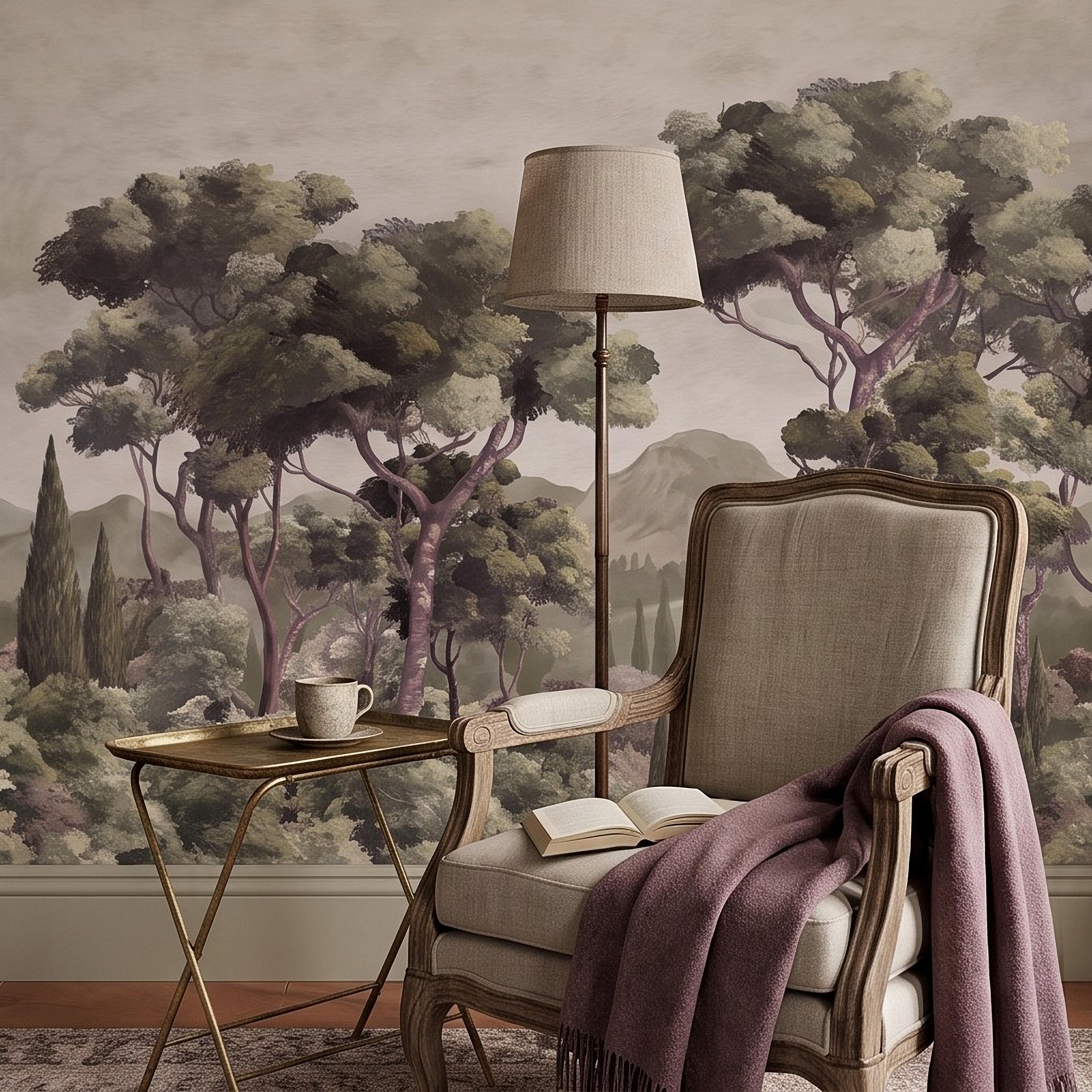 Mediterranean Landscape Peel and Stick Wall Mural, Italian Cypress Trees Vintage Forest Mountain Scenic Wallpaper