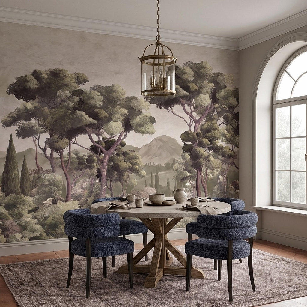Mediterranean Landscape Peel and Stick Wall Mural, Italian Cypress Trees Vintage Forest Mountain Scenic Wallpaper