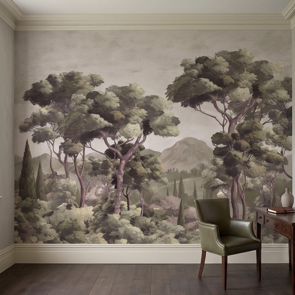 Mediterranean Landscape Peel and Stick Wall Mural, Italian Cypress Trees Vintage Forest Mountain Scenic Wallpaper
