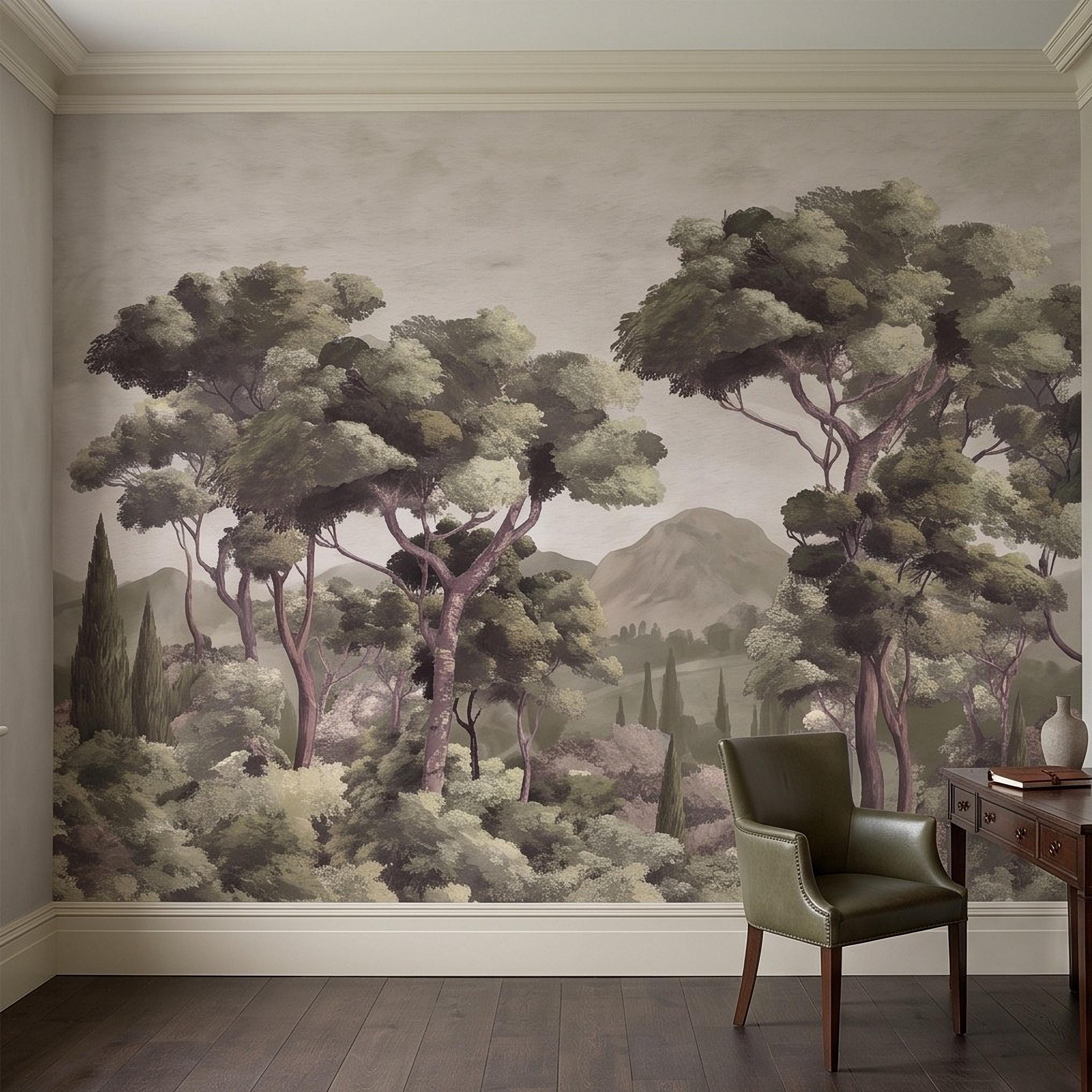 Mediterranean Landscape Peel and Stick Wall Mural, Italian Cypress Trees Vintage Forest Mountain Scenic Wallpaper