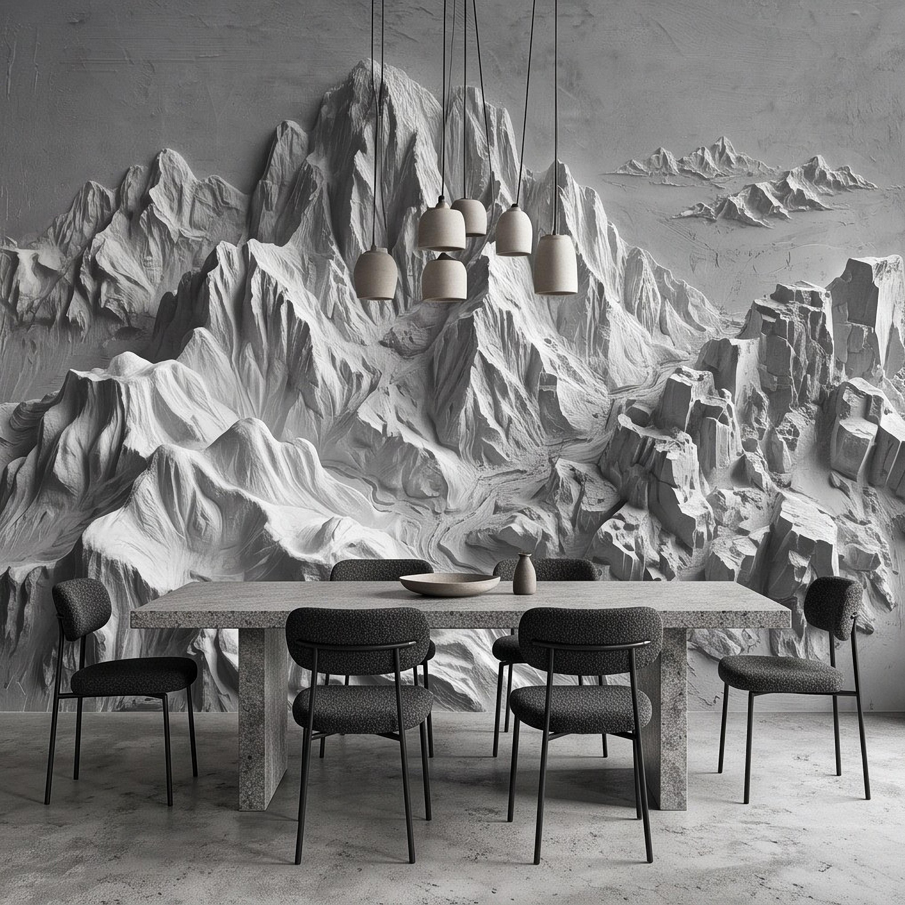 3D Mountain Relief Peel and Stick Wall Mural, White Plaster Landscape Texture Modern Minimalist Wallpaper