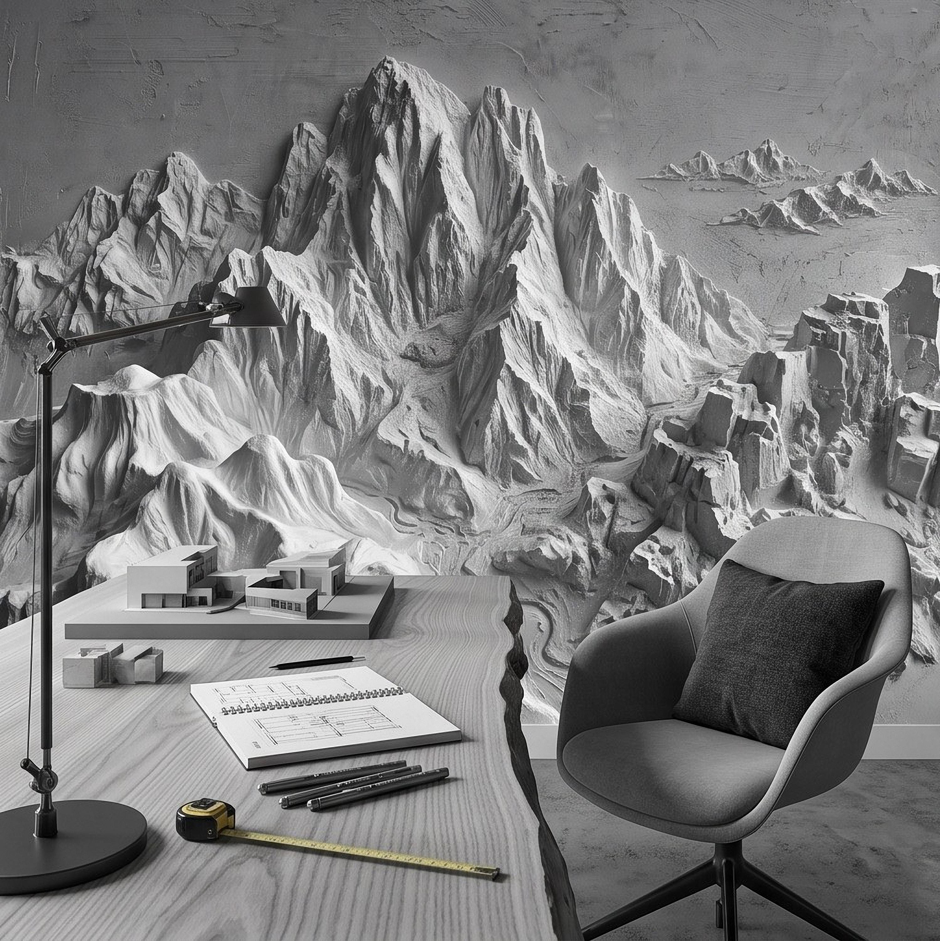 3D Mountain Relief Peel and Stick Wall Mural, White Plaster Landscape Texture Modern Minimalist Wallpaper