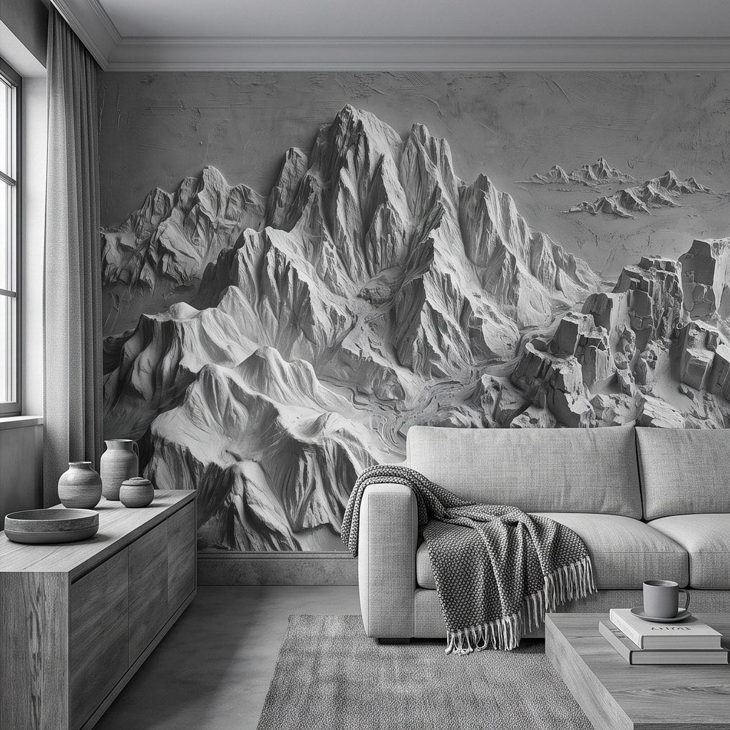 3D Mountain Relief Peel and Stick Wall Mural, White Plaster Landscape Texture Modern Minimalist Wallpaper