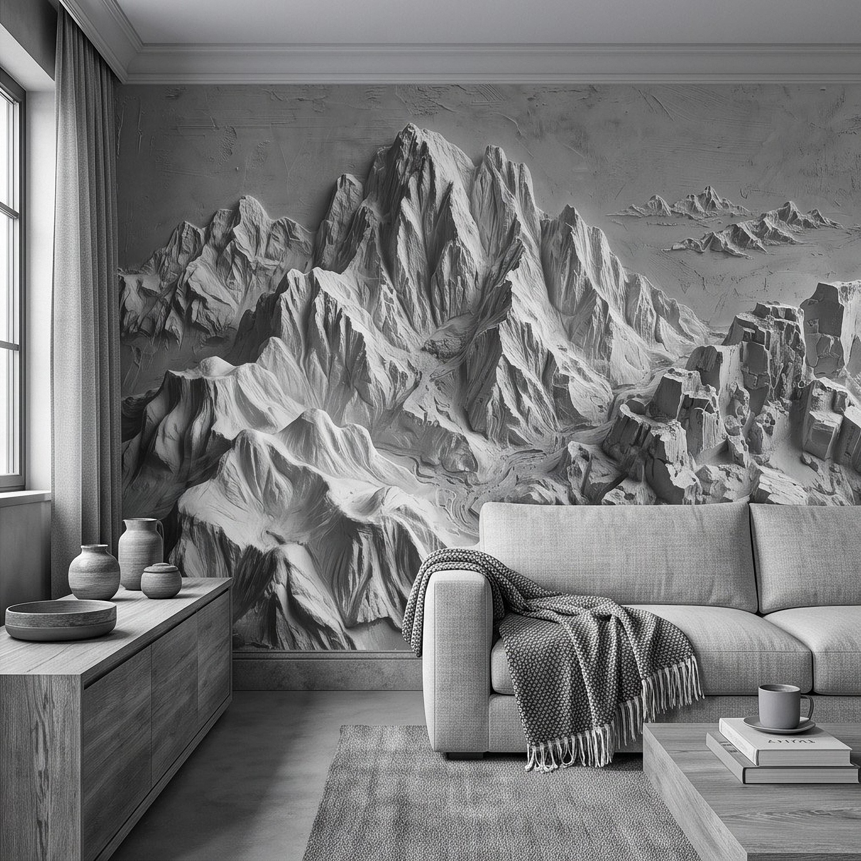 3D Mountain Relief Peel and Stick Wall Mural, White Plaster Landscape Texture Modern Minimalist Wallpaper