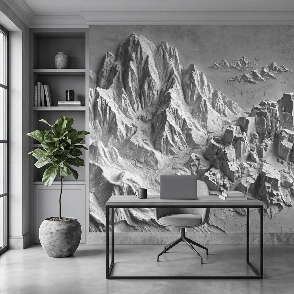 3D Mountain Relief Peel and Stick Wall Mural, White Plaster Landscape Texture Modern Minimalist Wallpaper