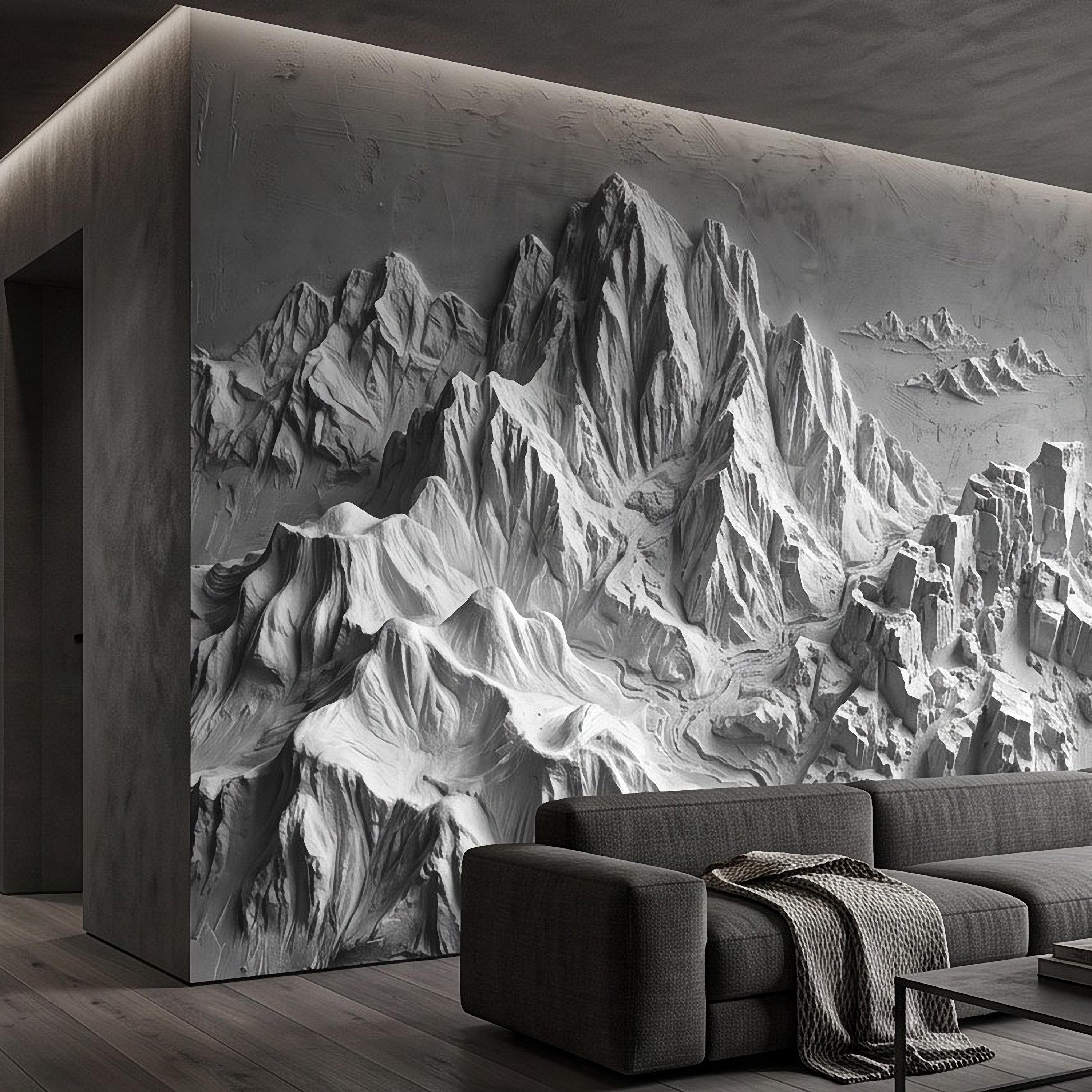3D Mountain Relief Peel and Stick Wall Mural, White Plaster Landscape Texture Modern Minimalist Wallpaper
