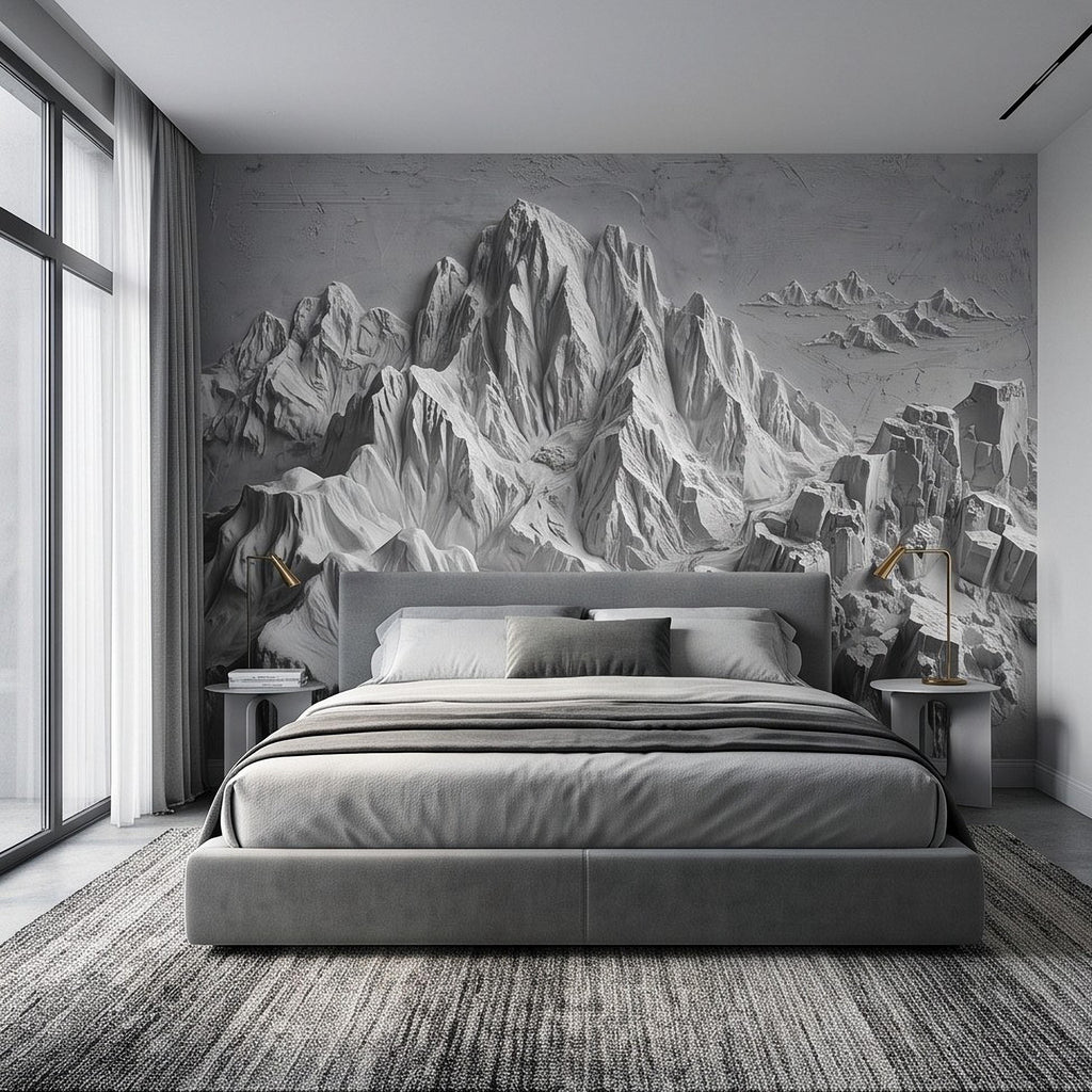 3D Mountain Relief Peel and Stick Wall Mural, White Plaster Landscape Texture Modern Minimalist Wallpaper