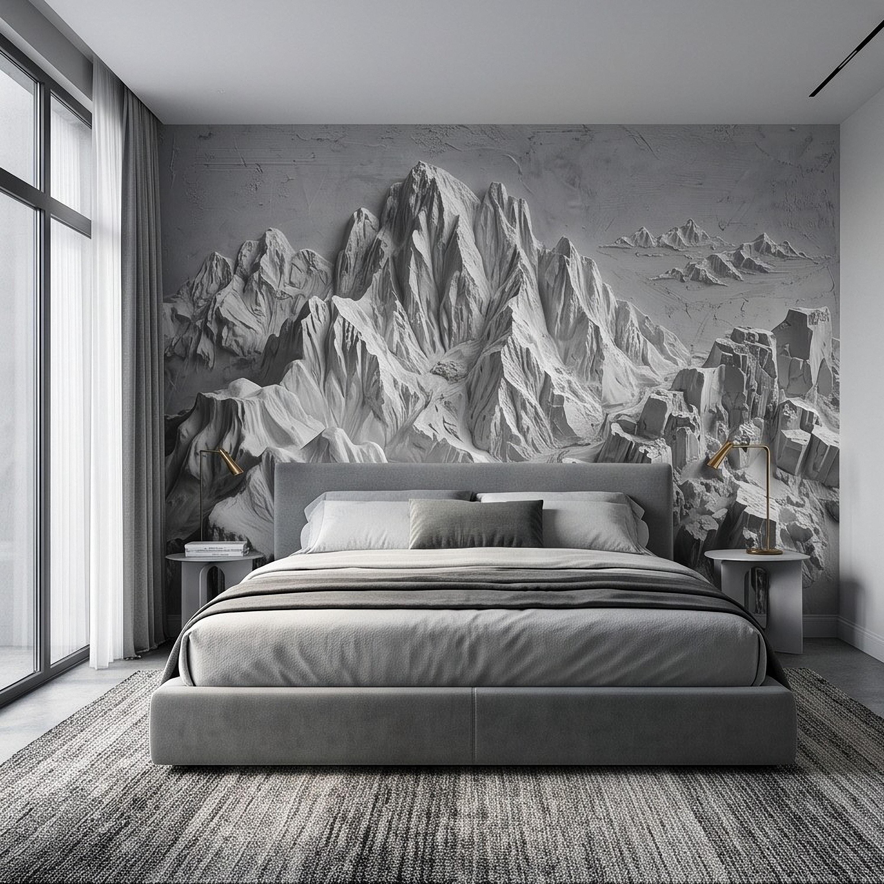 3D Mountain Relief Peel and Stick Wall Mural, White Plaster Landscape Texture Modern Minimalist Wallpaper