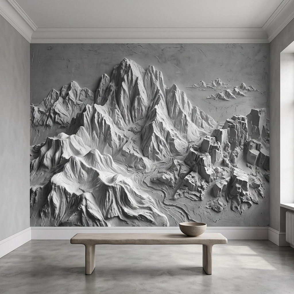 3D Mountain Relief Peel and Stick Wall Mural, White Plaster Landscape Texture Modern Minimalist Wallpaper