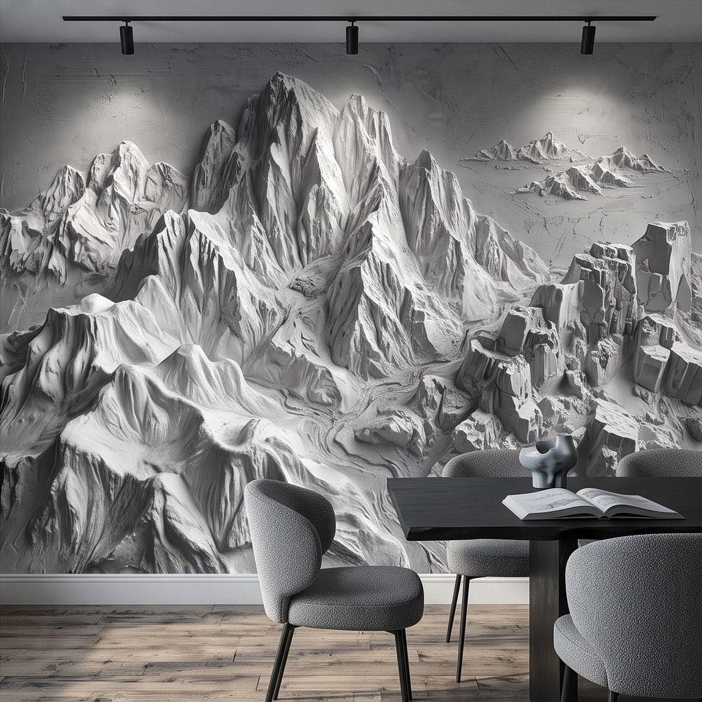 3D Mountain Relief Peel and Stick Wall Mural, White Plaster Landscape Texture Modern Minimalist Wallpaper