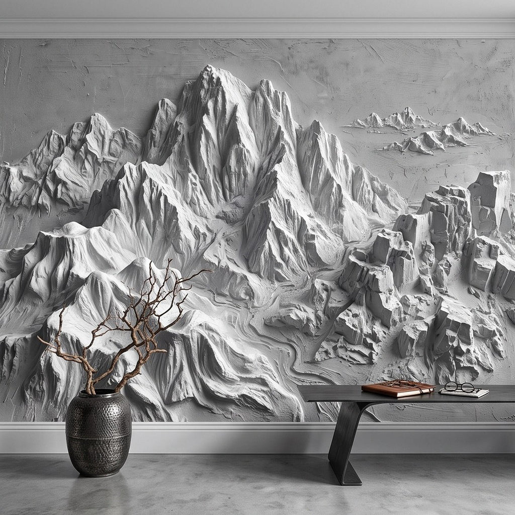 3D Mountain Relief Peel and Stick Wall Mural, White Plaster Landscape Texture Modern Minimalist Wallpaper