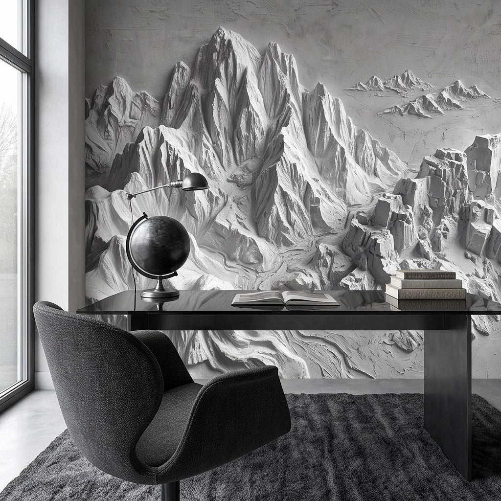 3D Mountain Relief Peel and Stick Wall Mural, White Plaster Landscape Texture Modern Minimalist Wallpaper