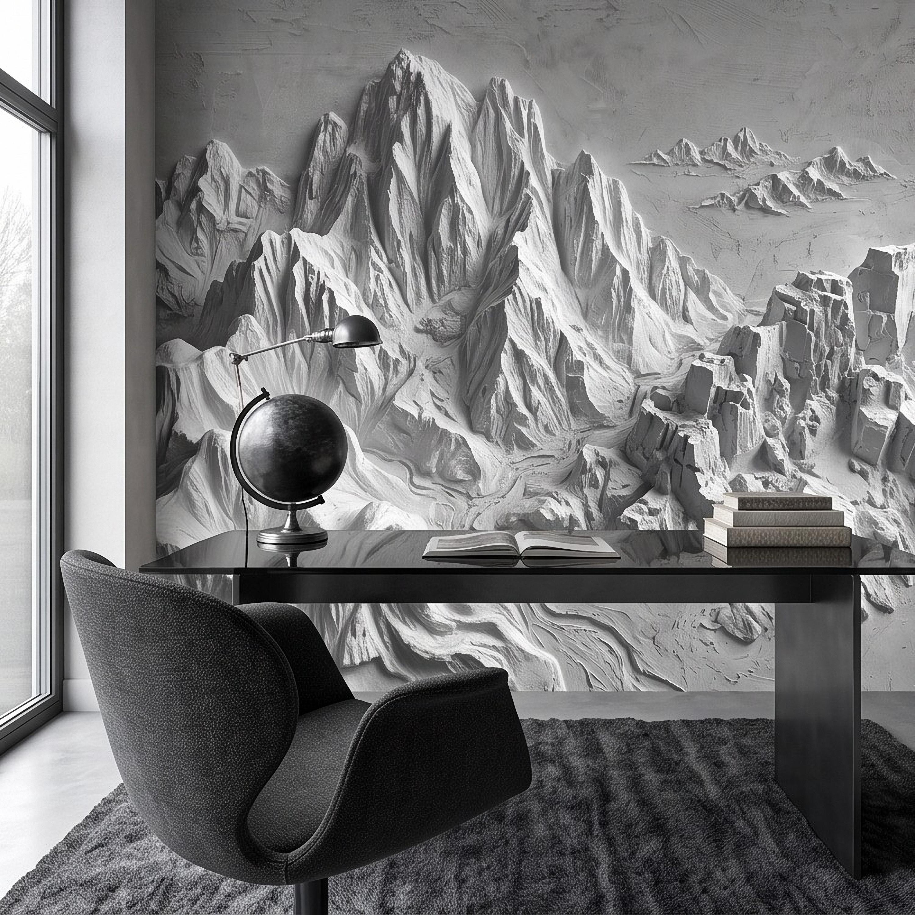 3D Mountain Relief Peel and Stick Wall Mural, White Plaster Landscape Texture Modern Minimalist Wallpaper