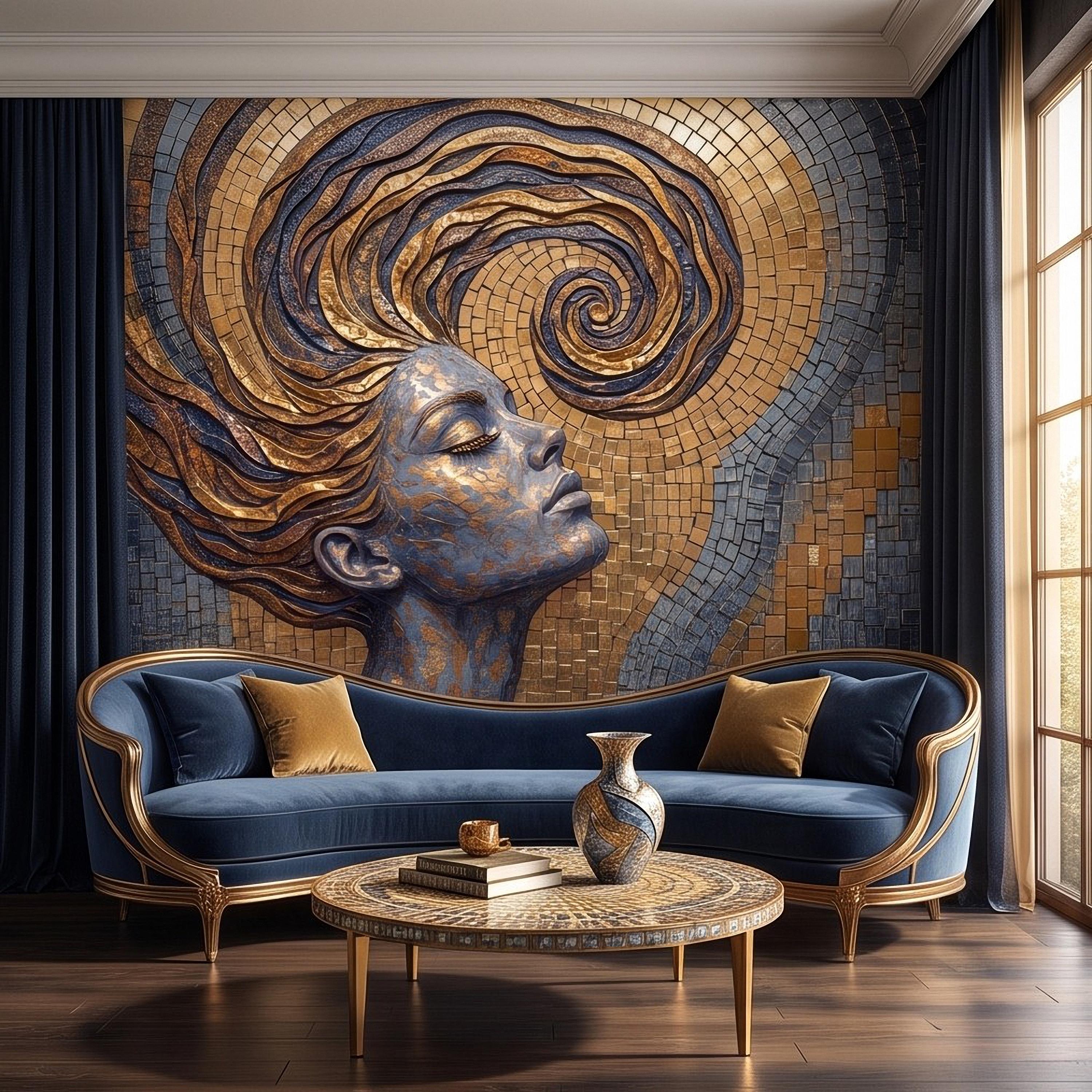 Art Nouveau Woman Peel and Stick Wall Mural, Gold Mosaic Portrait, Flowing Hair Design, Decorative Tile Pattern Wallpaper