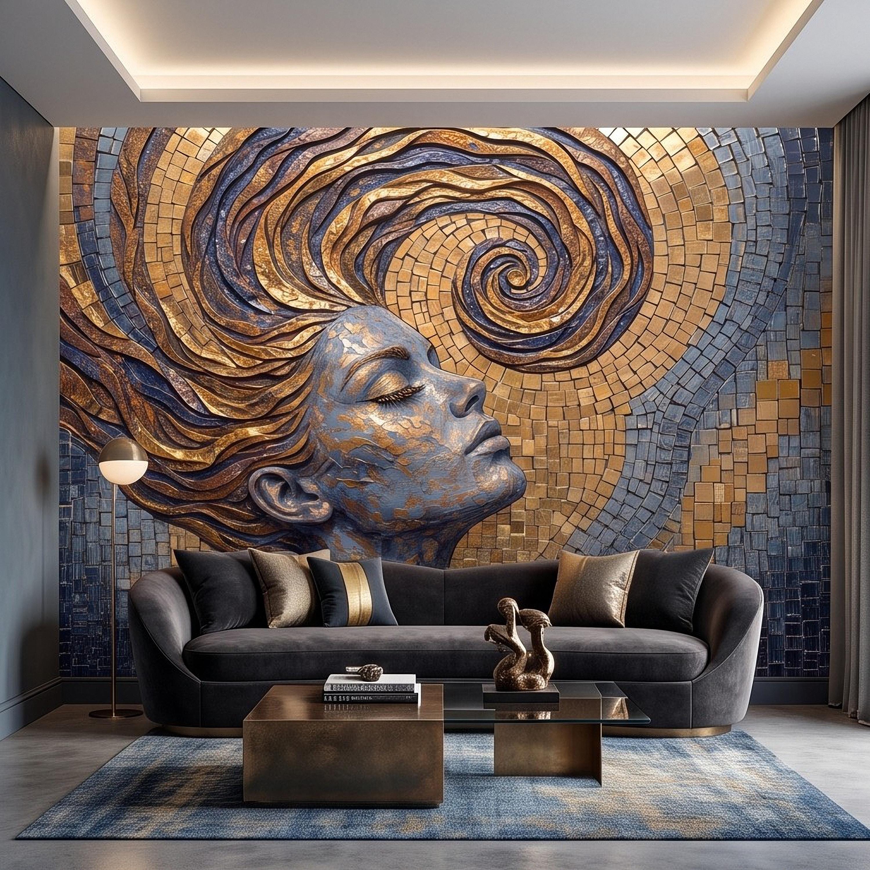 Art Nouveau Woman Peel and Stick Wall Mural, Gold Mosaic Portrait, Flowing Hair Design, Decorative Tile Pattern Wallpaper
