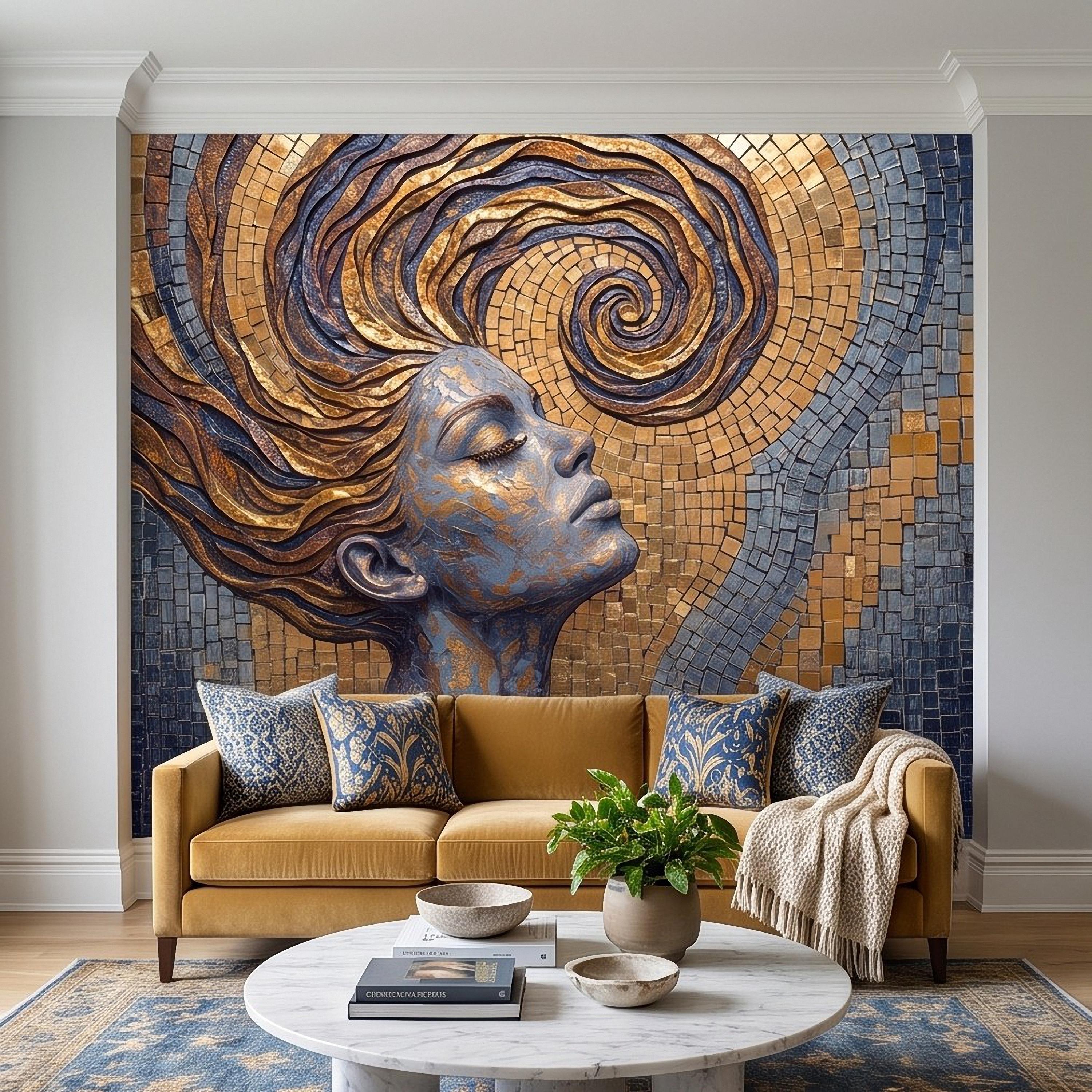 Art Nouveau Woman Peel and Stick Wall Mural, Gold Mosaic Portrait, Flowing Hair Design, Decorative Tile Pattern Wallpaper