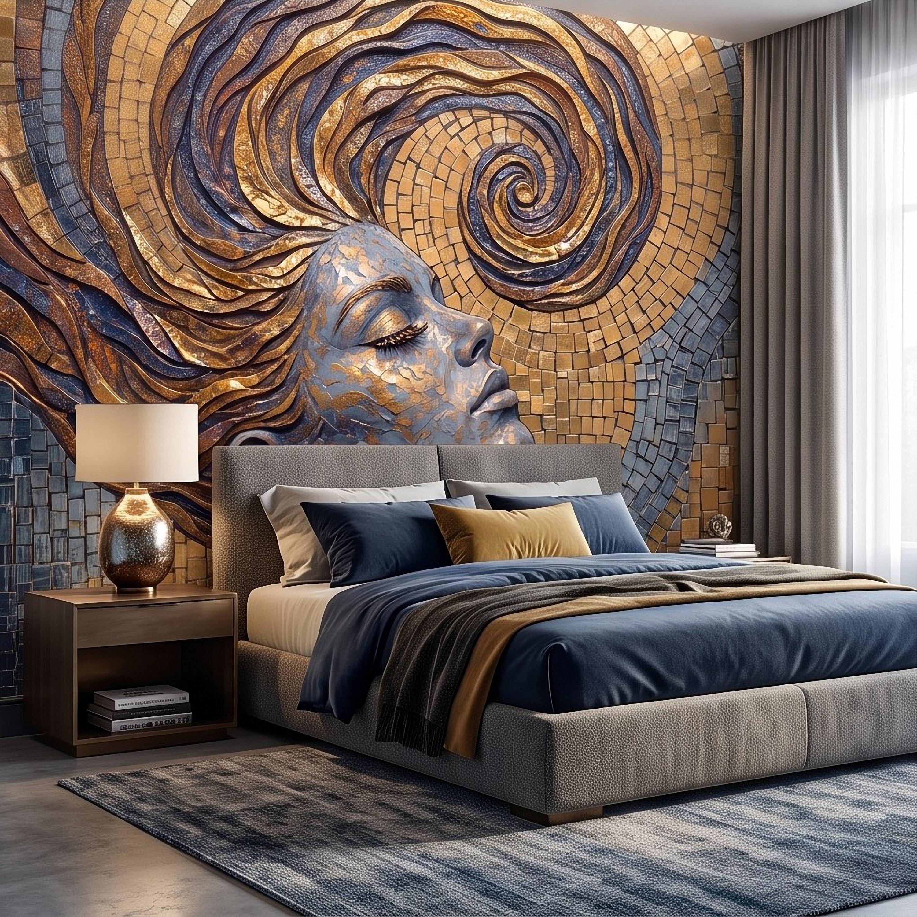 Art Nouveau Woman Peel and Stick Wall Mural, Gold Mosaic Portrait, Flowing Hair Design, Decorative Tile Pattern Wallpaper