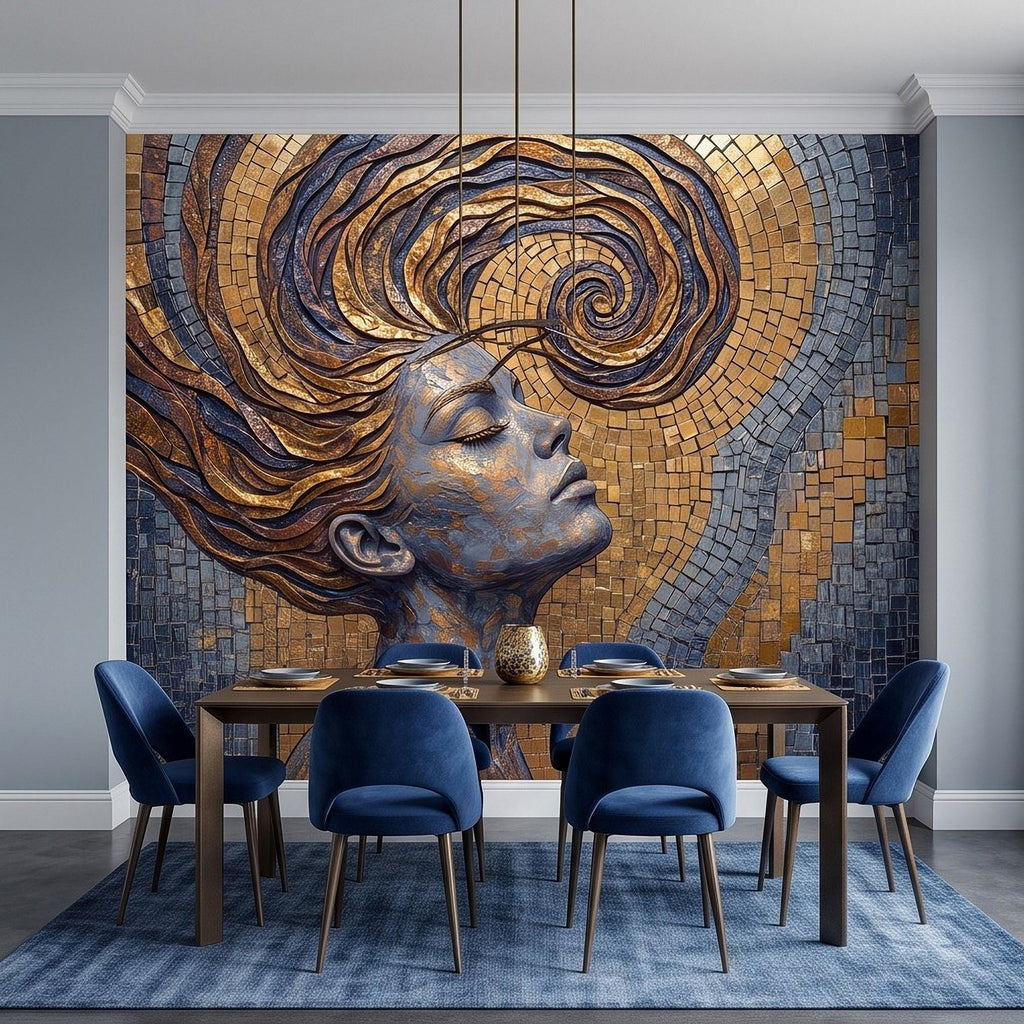 Art Nouveau Woman Peel and Stick Wall Mural, Gold Mosaic Portrait, Flowing Hair Design, Decorative Tile Pattern Wallpaper