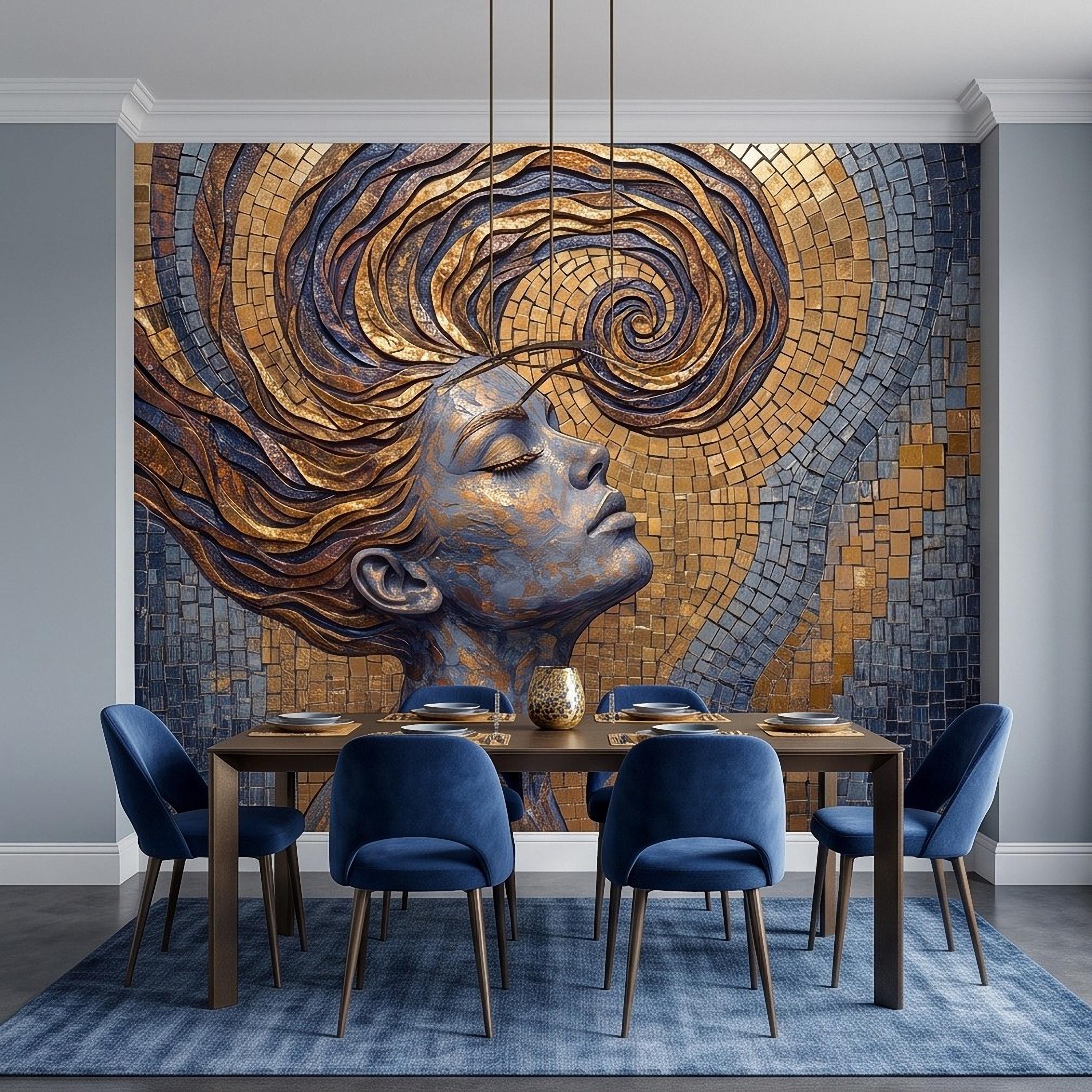 Art Nouveau Woman Peel and Stick Wall Mural, Gold Mosaic Portrait, Flowing Hair Design, Decorative Tile Pattern Wallpaper