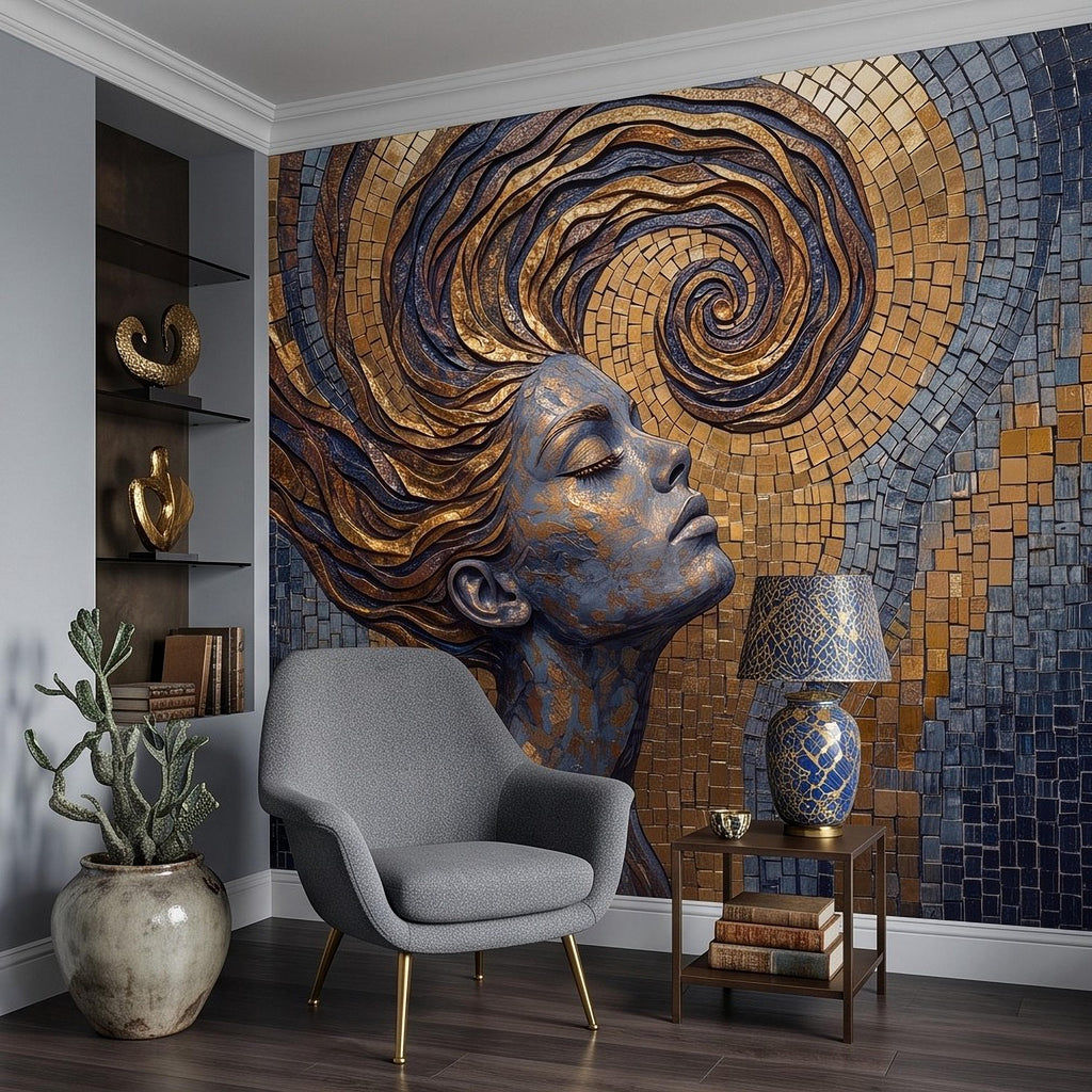Art Nouveau Woman Peel and Stick Wall Mural, Gold Mosaic Portrait, Flowing Hair Design, Decorative Tile Pattern Wallpaper