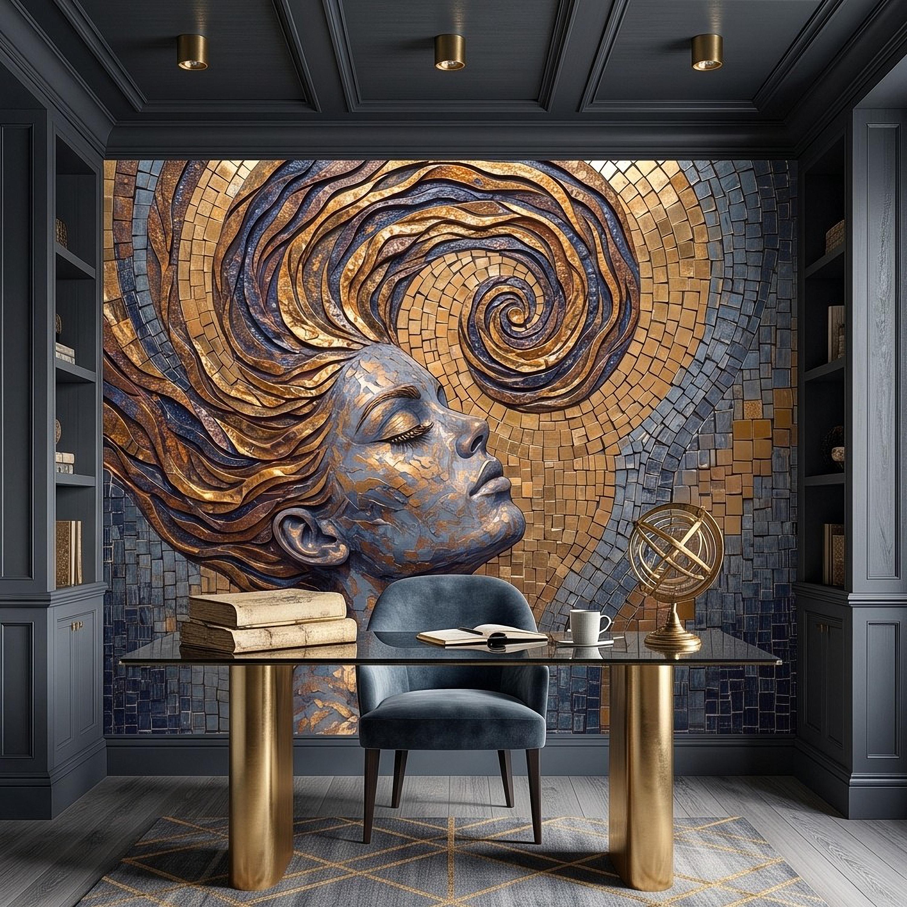 Art Nouveau Woman Peel and Stick Wall Mural, Gold Mosaic Portrait, Flowing Hair Design, Decorative Tile Pattern Wallpaper
