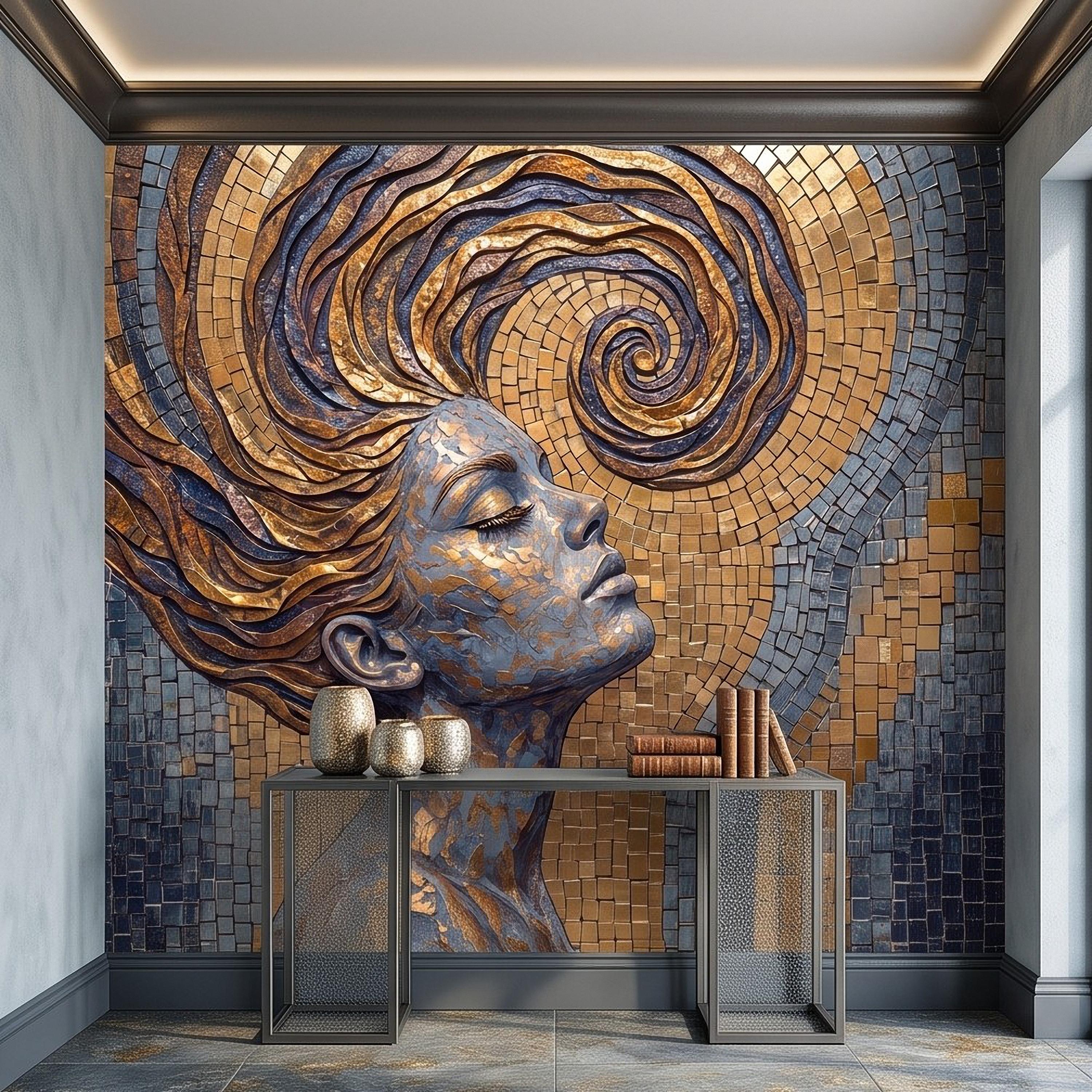 Art Nouveau Woman Peel and Stick Wall Mural, Gold Mosaic Portrait, Flowing Hair Design, Decorative Tile Pattern Wallpaper