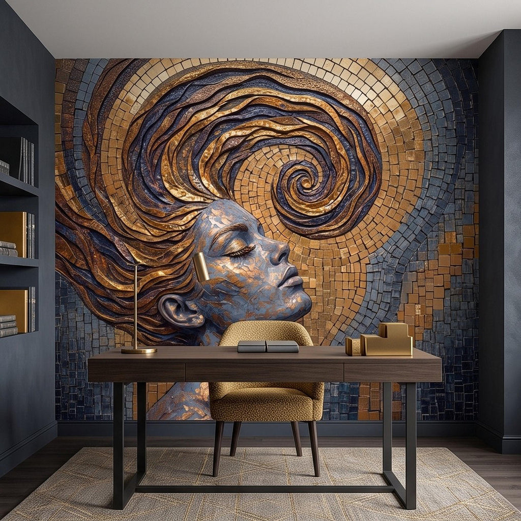 Art Nouveau Woman Peel and Stick Wall Mural, Gold Mosaic Portrait, Flowing Hair Design, Decorative Tile Pattern Wallpaper