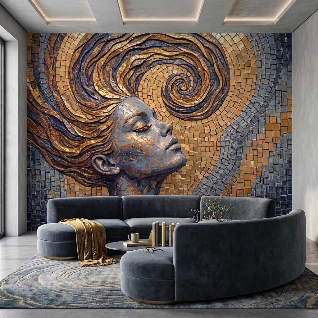 Art Nouveau Woman Peel and Stick Wall Mural, Gold Mosaic Portrait, Flowing Hair Design, Decorative Tile Pattern Wallpaper