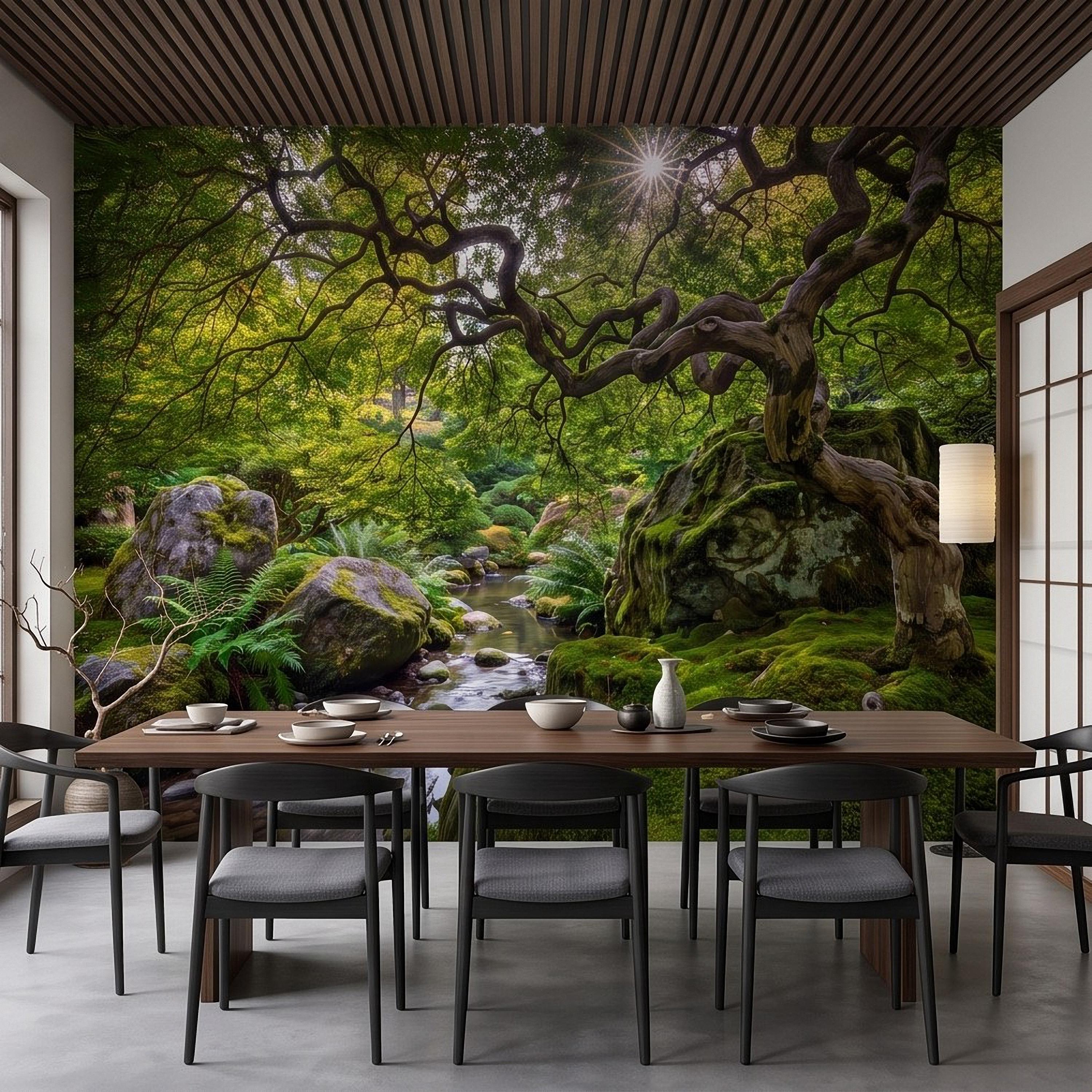 Japanese Zen Garden Peel and Stick Wall Mural, Mossy Forest Stream Twisted Maple Tree Nature Landscape Wallpaper