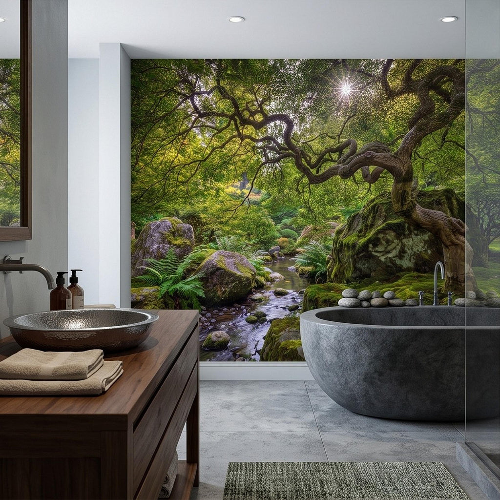 Japanese Zen Garden Peel and Stick Wall Mural, Mossy Forest Stream Twisted Maple Tree Nature Landscape Wallpaper