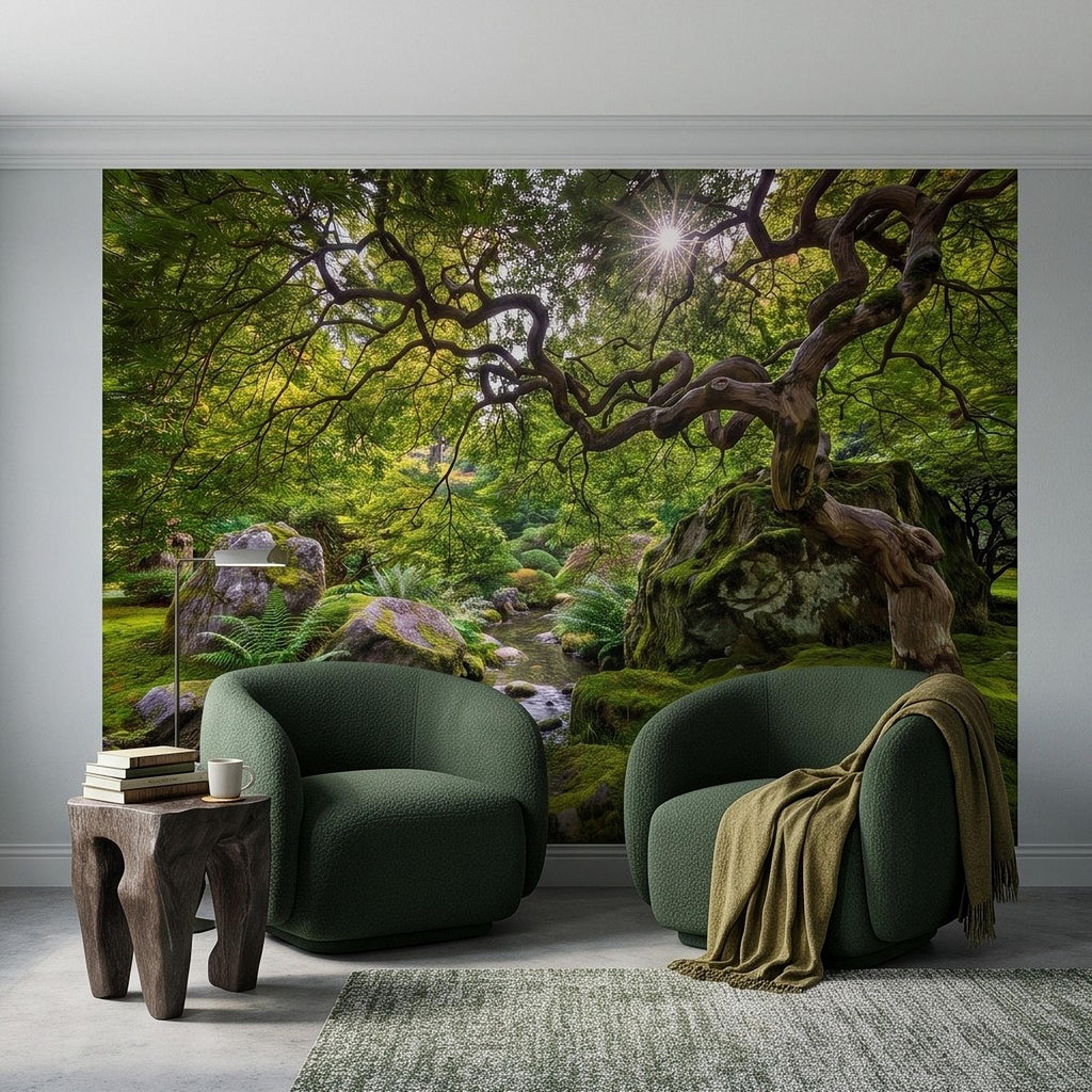 Japanese Zen Garden Peel and Stick Wall Mural, Mossy Forest Stream Twisted Maple Tree Nature Landscape Wallpaper