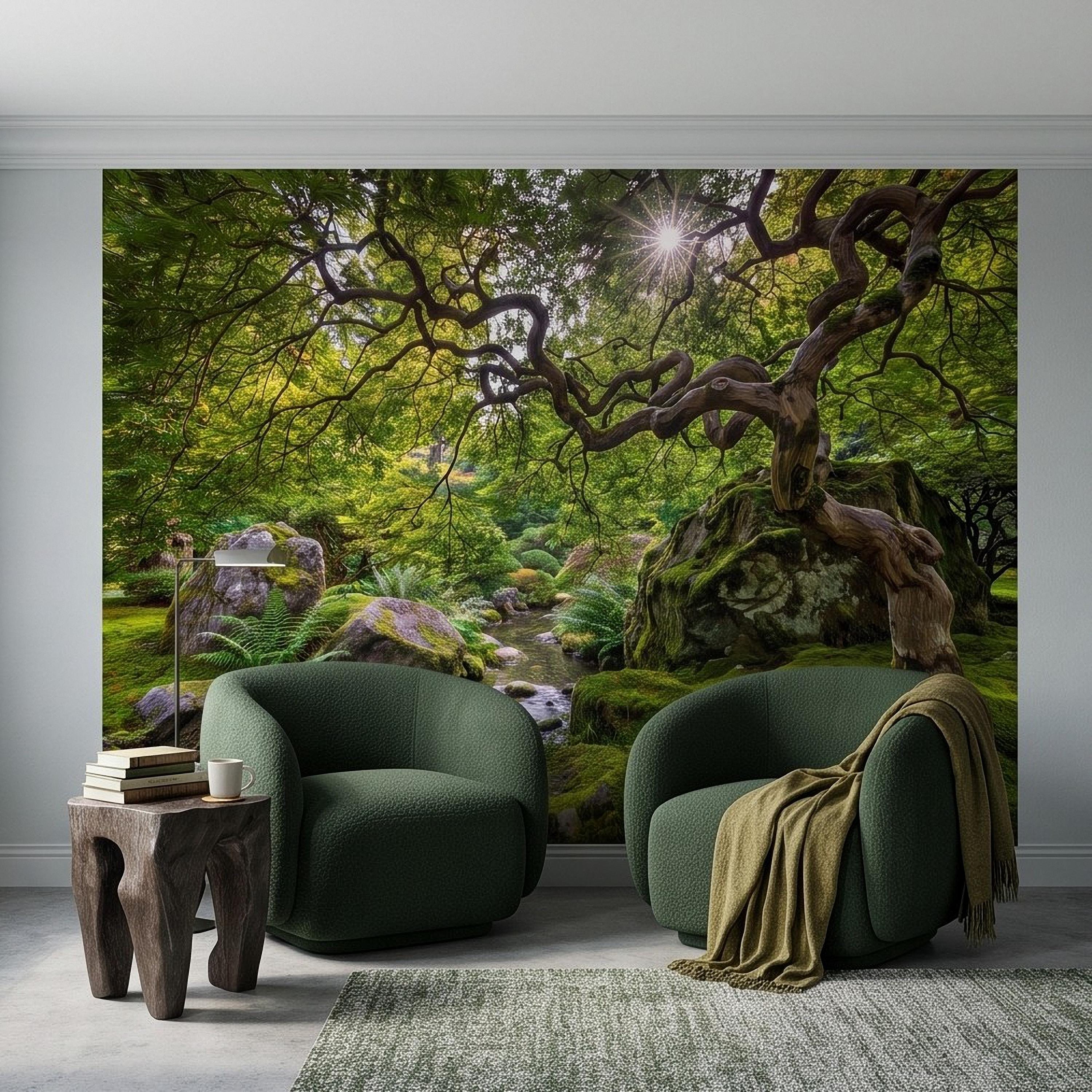 Japanese Zen Garden Peel and Stick Wall Mural, Mossy Forest Stream Twisted Maple Tree Nature Landscape Wallpaper