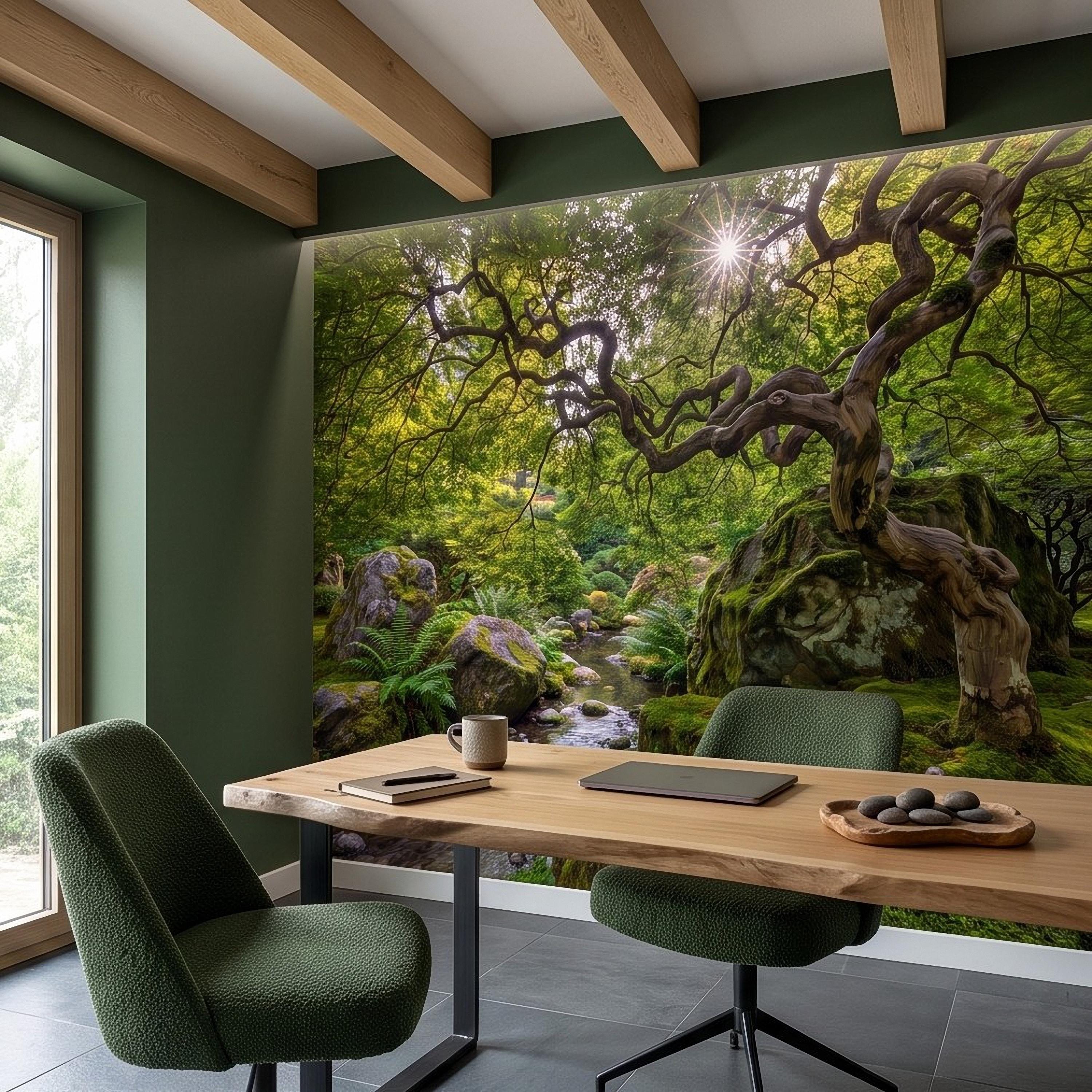 Japanese Zen Garden Peel and Stick Wall Mural, Mossy Forest Stream Twisted Maple Tree Nature Landscape Wallpaper