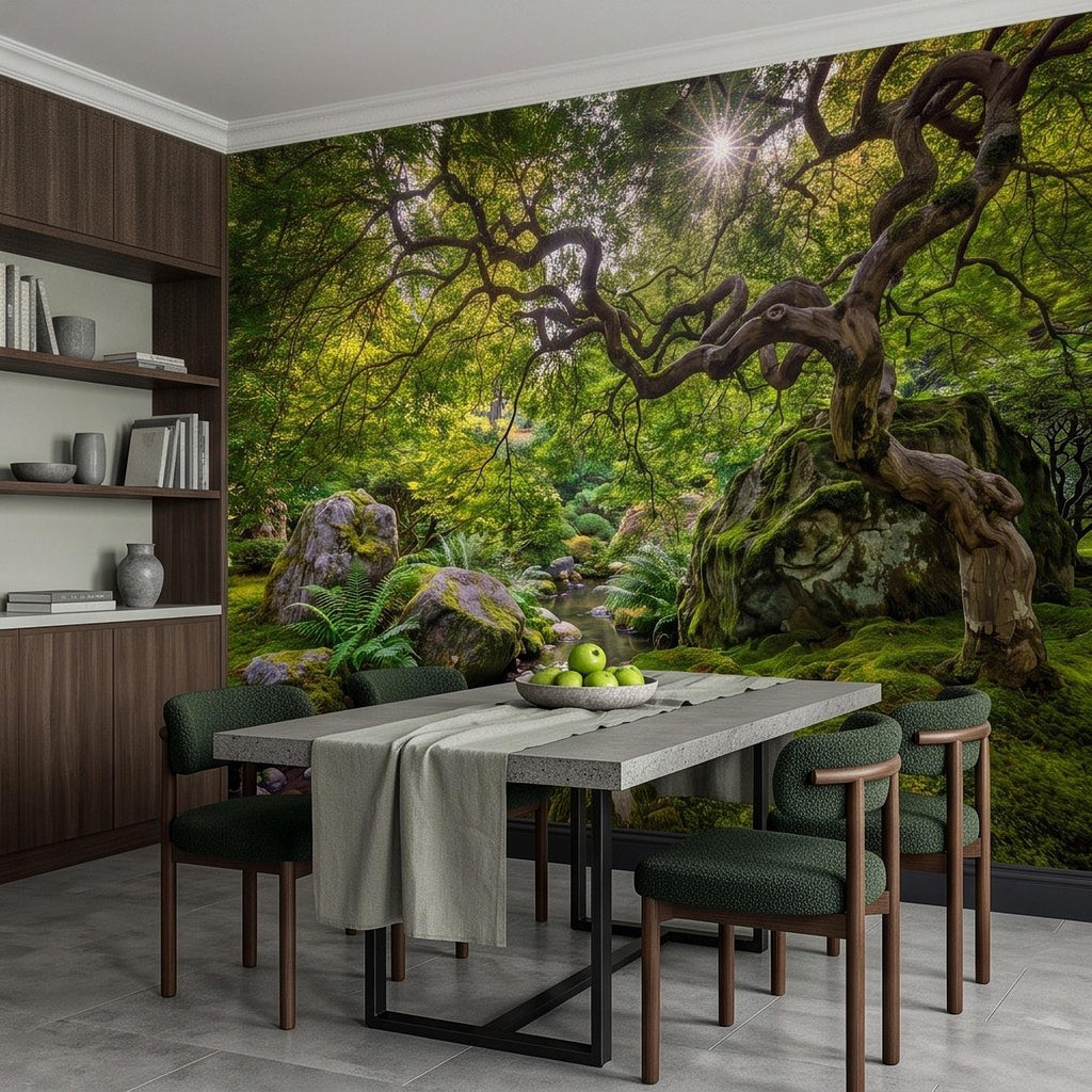 Japanese Zen Garden Peel and Stick Wall Mural, Mossy Forest Stream Twisted Maple Tree Nature Landscape Wallpaper