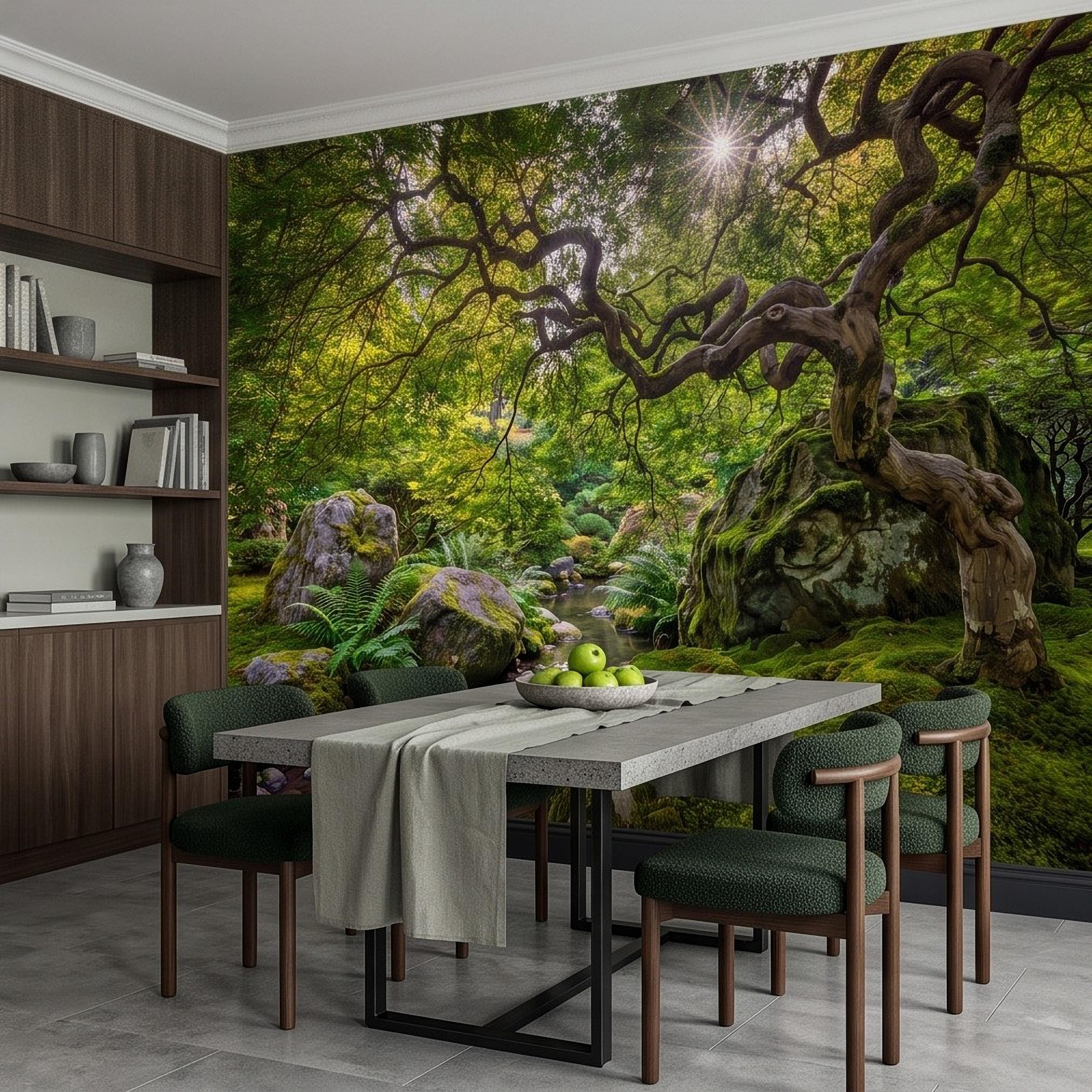 Japanese Zen Garden Peel and Stick Wall Mural, Mossy Forest Stream Twisted Maple Tree Nature Landscape Wallpaper