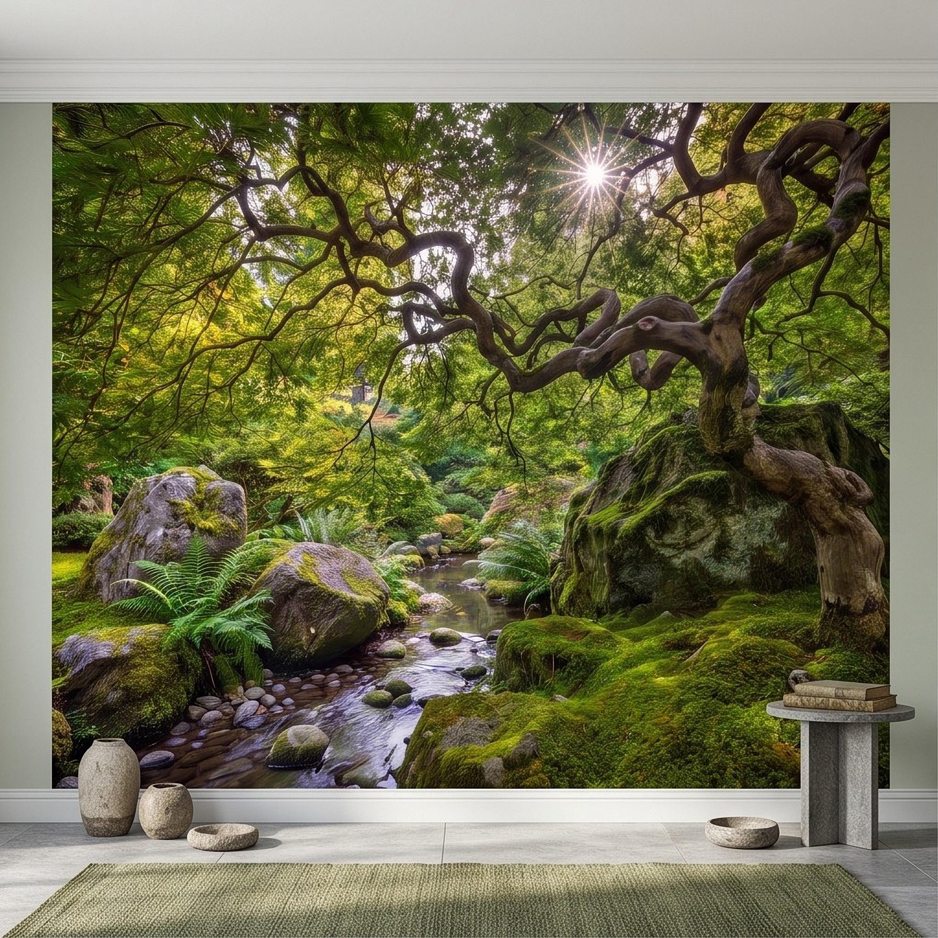 Japanese Zen Garden Peel and Stick Wall Mural, Mossy Forest Stream Twisted Maple Tree Nature Landscape Wallpaper