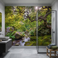 Japanese Zen Garden Peel and Stick Wall Mural, Mossy Forest Stream Twisted Maple Tree Nature Landscape Wallpaper