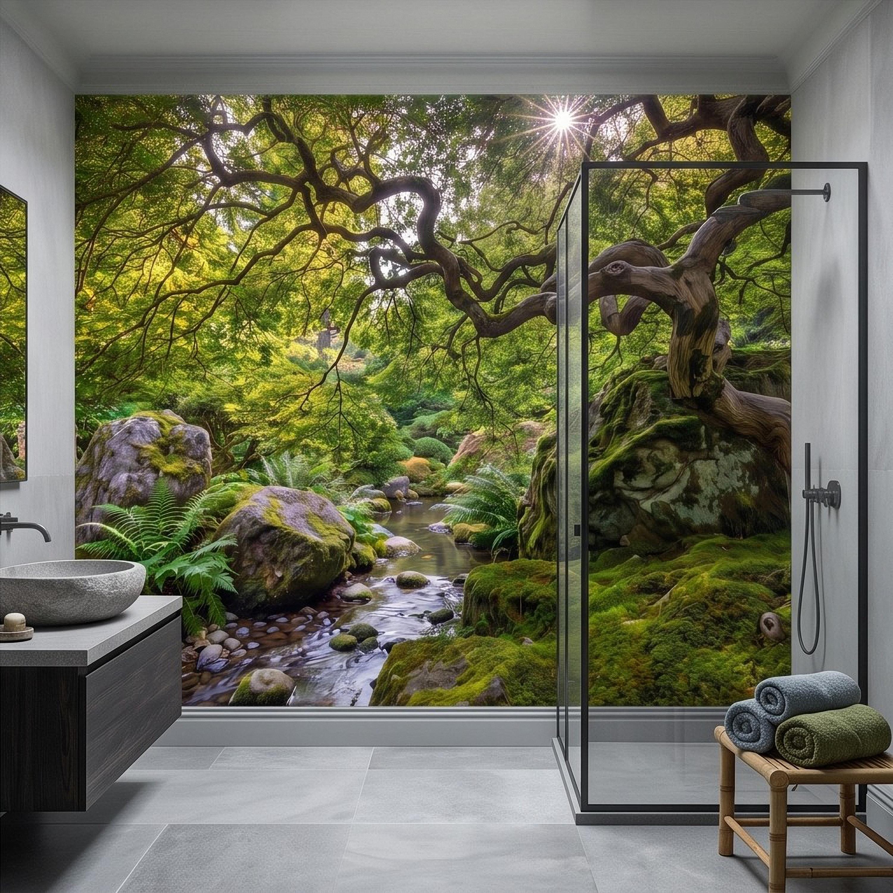 Japanese Zen Garden Peel and Stick Wall Mural, Mossy Forest Stream Twisted Maple Tree Nature Landscape Wallpaper