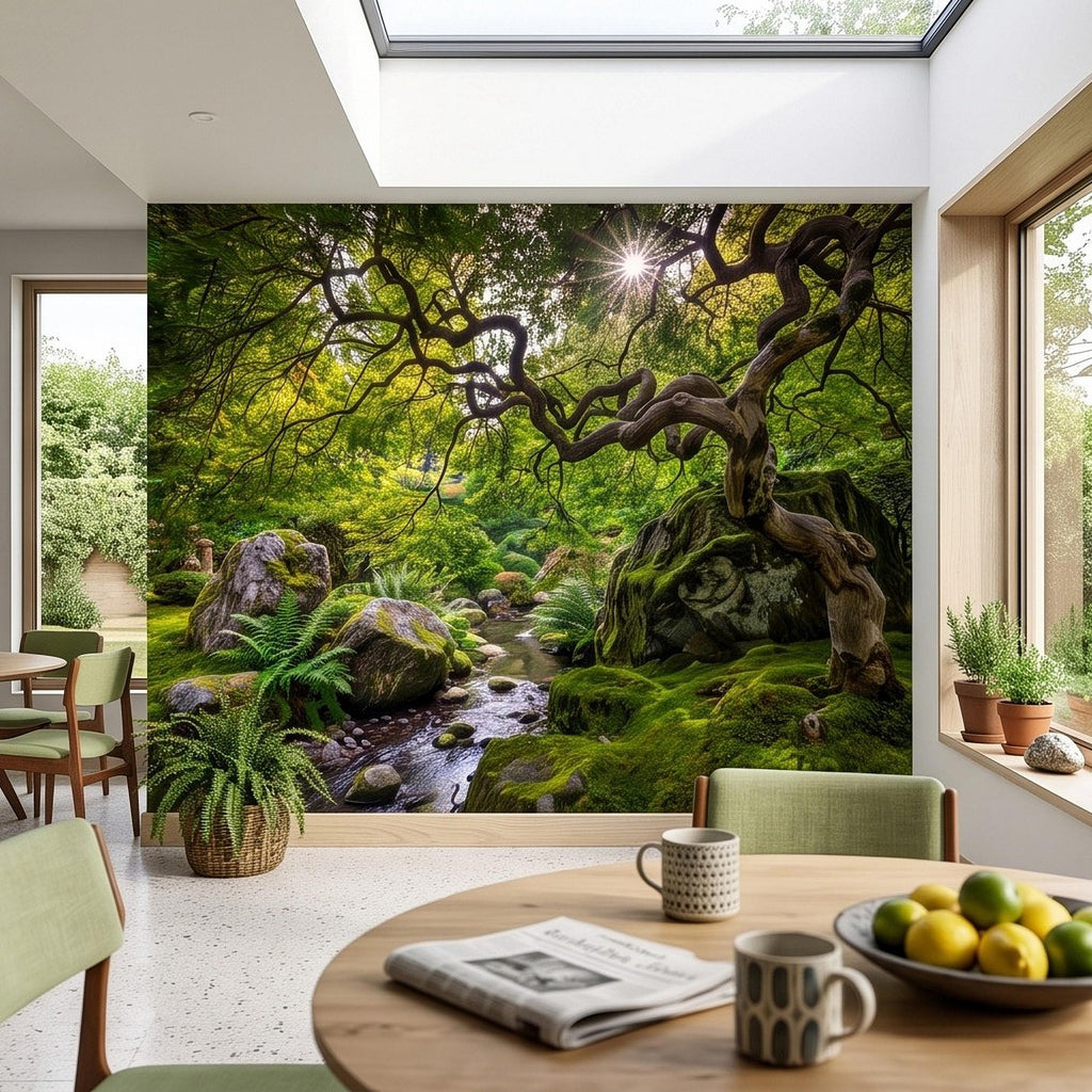 Japanese Zen Garden Peel and Stick Wall Mural, Mossy Forest Stream Twisted Maple Tree Nature Landscape Wallpaper