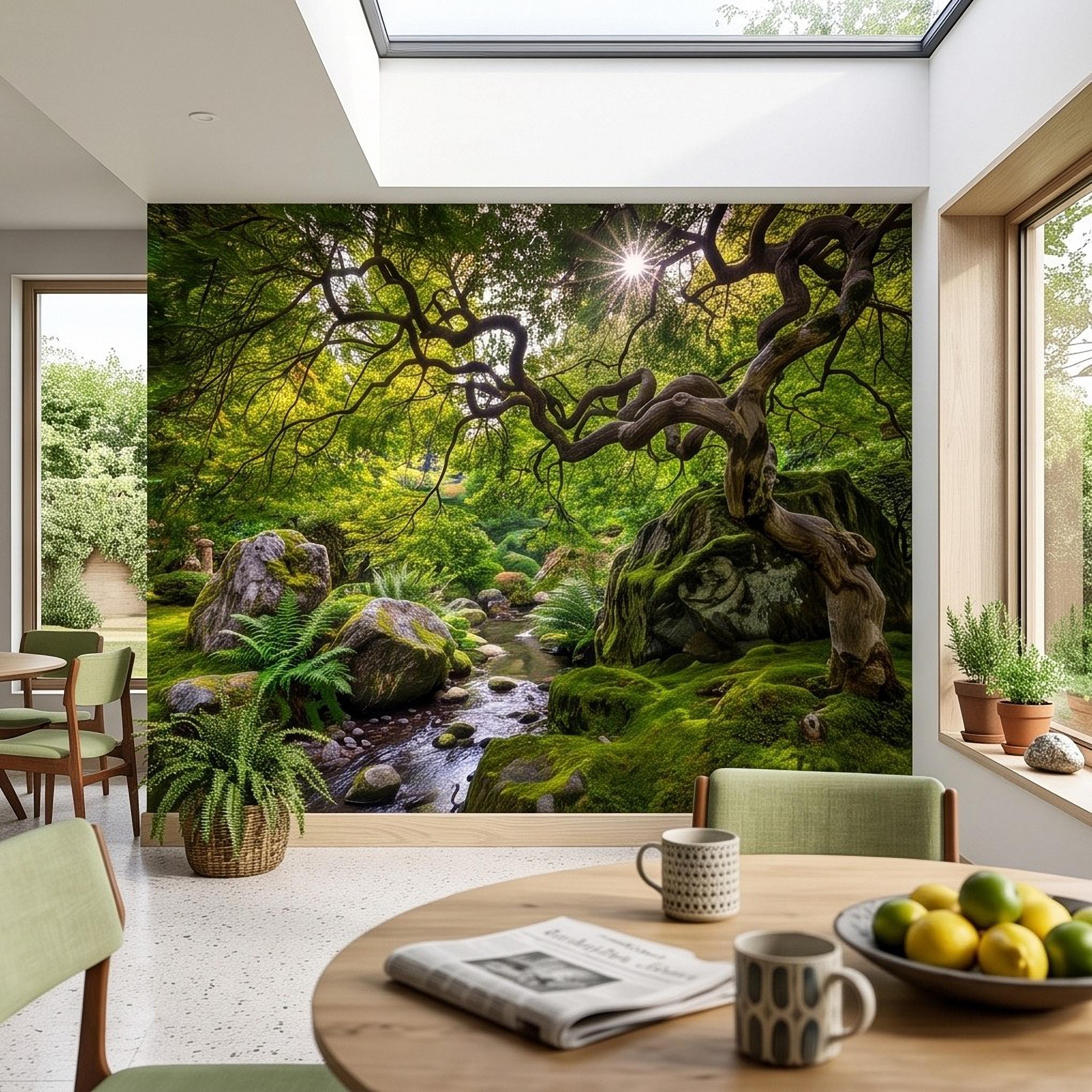 Japanese Zen Garden Peel and Stick Wall Mural, Mossy Forest Stream Twisted Maple Tree Nature Landscape Wallpaper