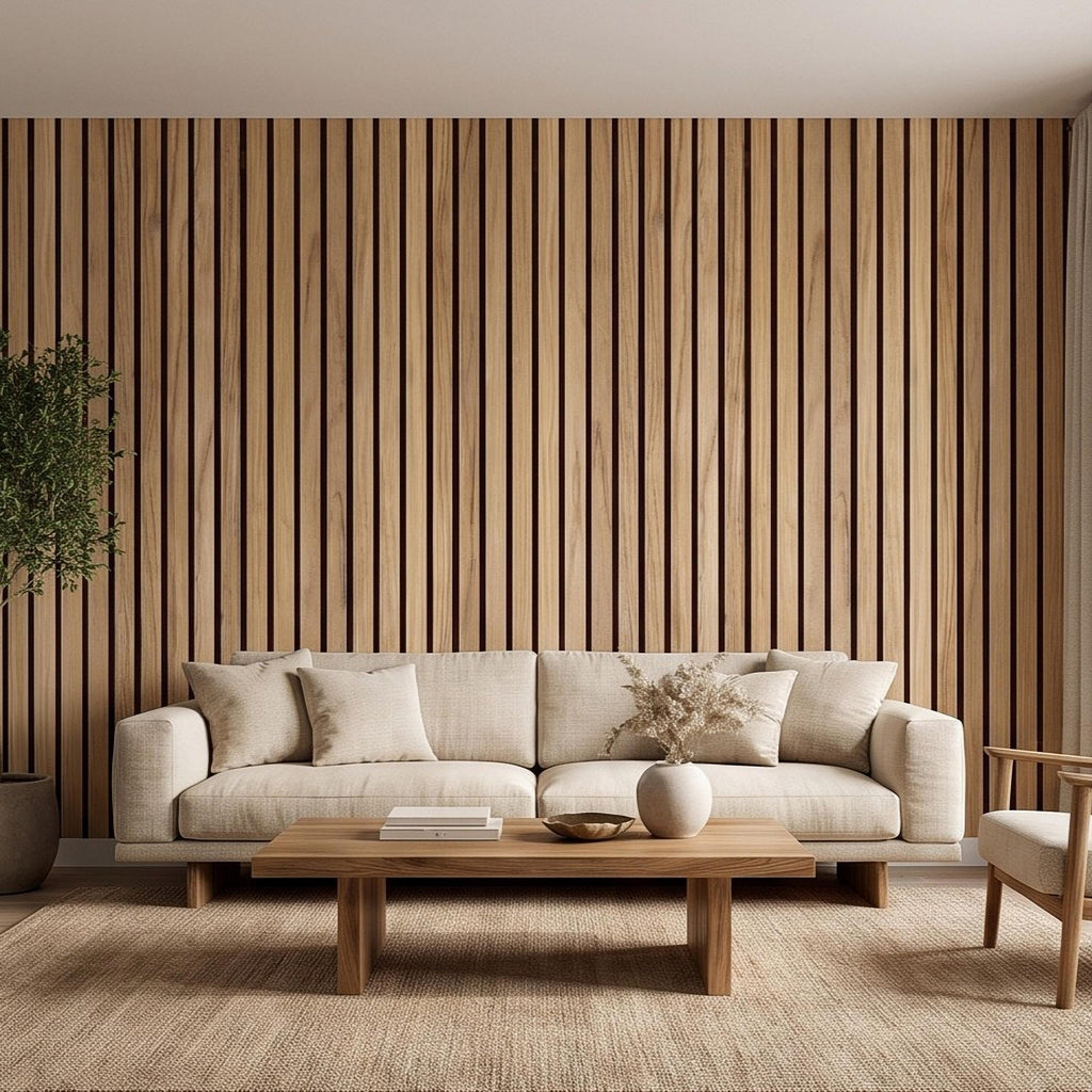 Vertical Faux Wood Slat Panel Peel and Stick Wall Mural, Natural Oak Texture, Scandinavian Wall Panel, Modern Slat Wallpaper