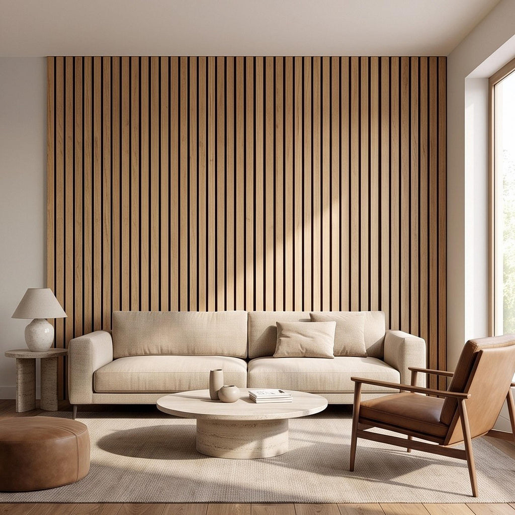 Vertical Faux Wood Slat Panel Peel and Stick Wall Mural, Natural Oak Texture, Scandinavian Wall Panel, Modern Slat Wallpaper