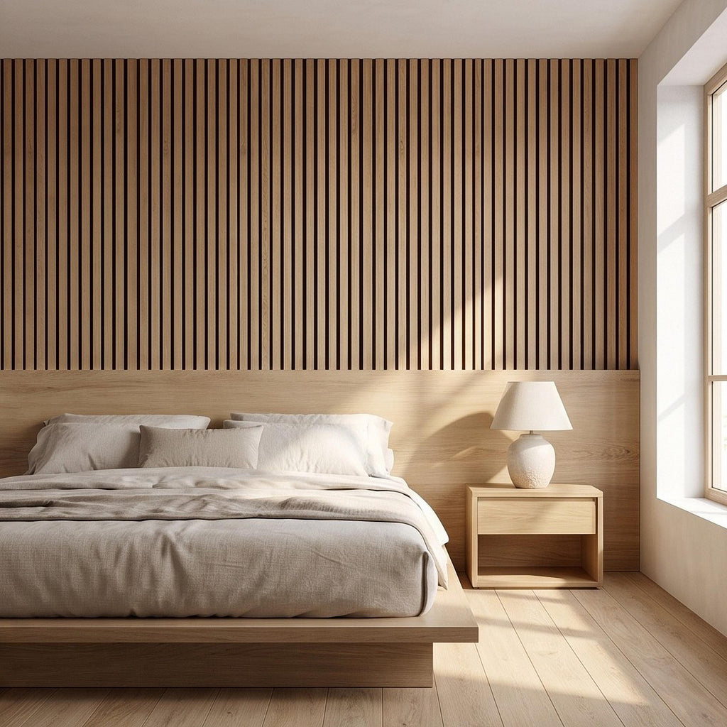 Vertical Faux Wood Slat Panel Peel and Stick Wall Mural, Natural Oak Texture, Scandinavian Wall Panel, Modern Slat Wallpaper