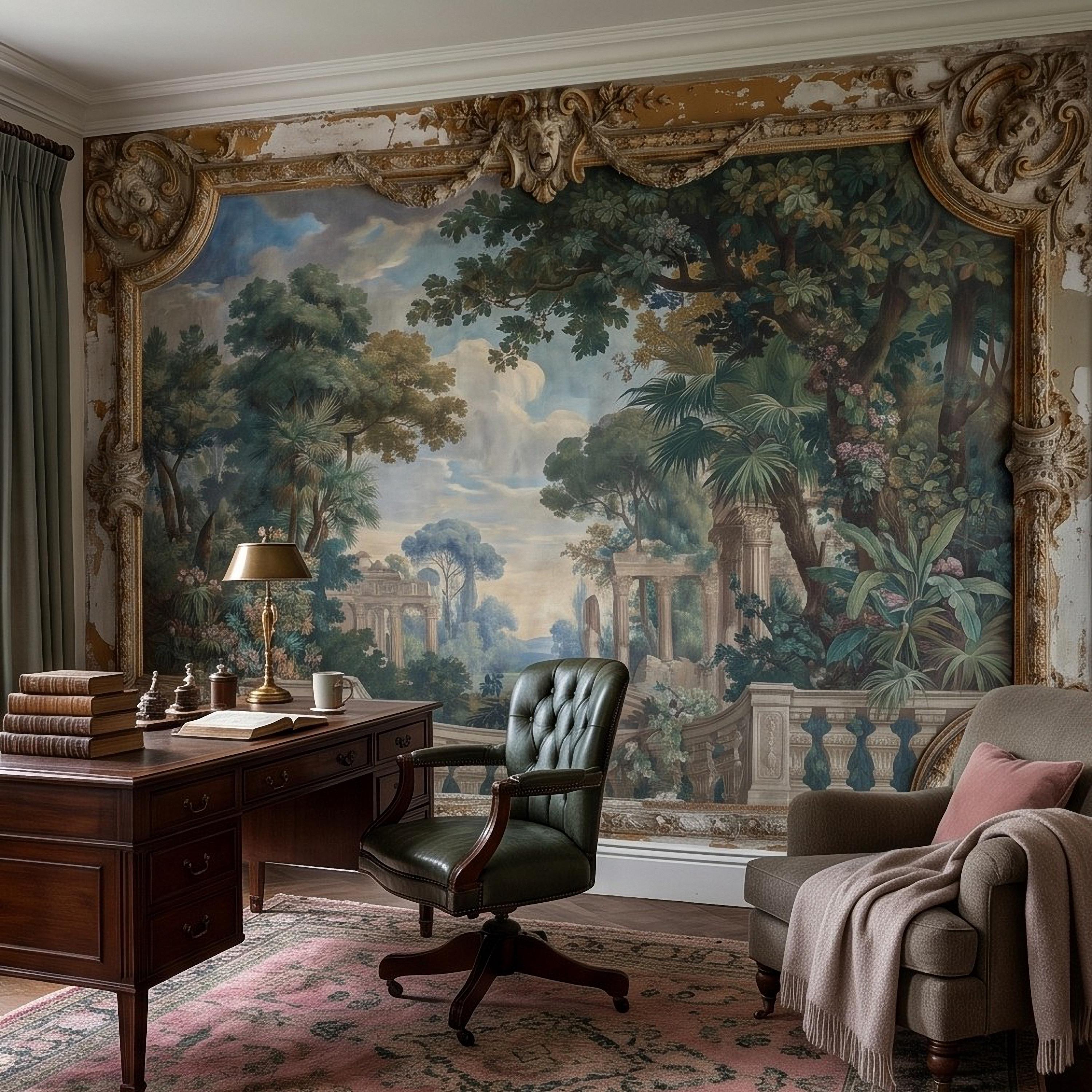 Baroque Garden Fresco Peel and Stick Wall Mural, Antique Classical Landscape Palace Ruins Trompe L'Oeil Wallpaper