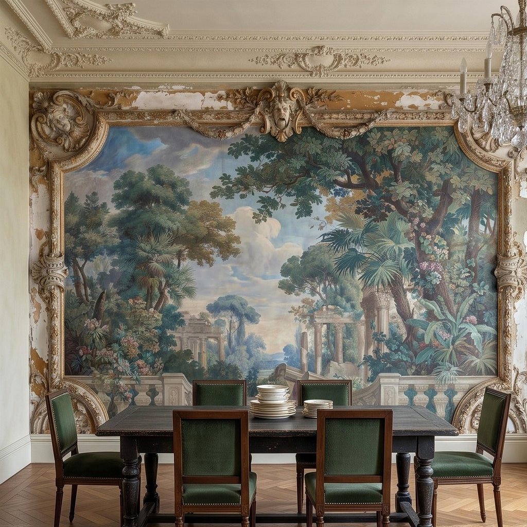 Baroque Garden Fresco Peel and Stick Wall Mural, Antique Classical Landscape Palace Ruins Trompe L'Oeil Wallpaper