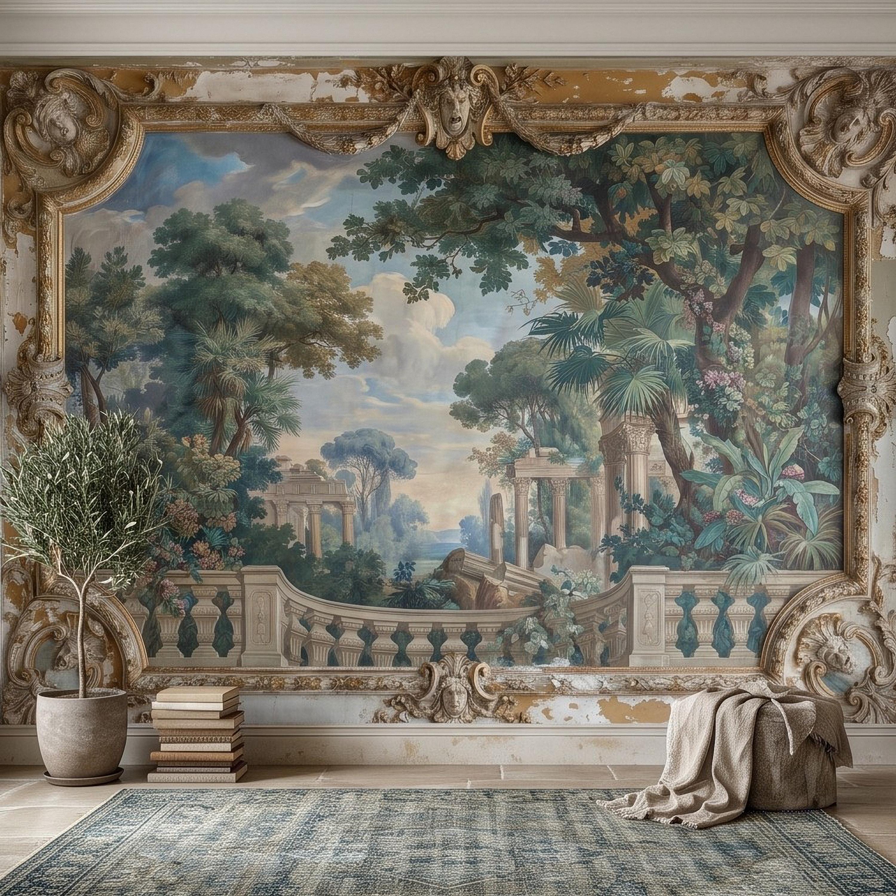 Baroque Garden Fresco Peel and Stick Wall Mural, Antique Classical Landscape Palace Ruins Trompe L'Oeil Wallpaper