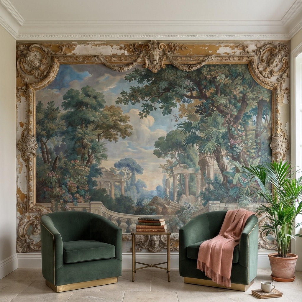Baroque Garden Fresco Peel and Stick Wall Mural, Antique Classical Landscape Palace Ruins Trompe L'Oeil Wallpaper