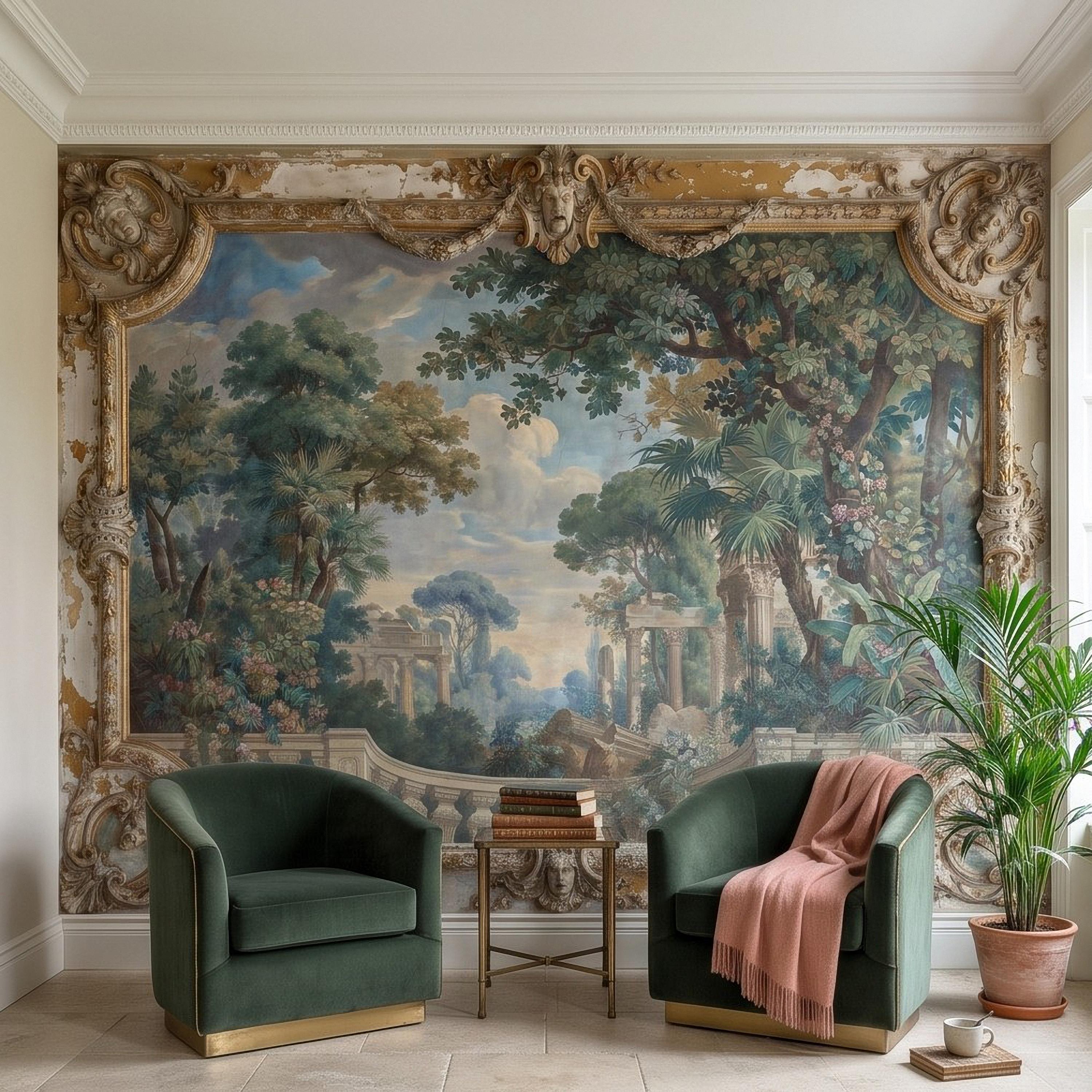 Baroque Garden Fresco Peel and Stick Wall Mural, Antique Classical Landscape Palace Ruins Trompe L'Oeil Wallpaper