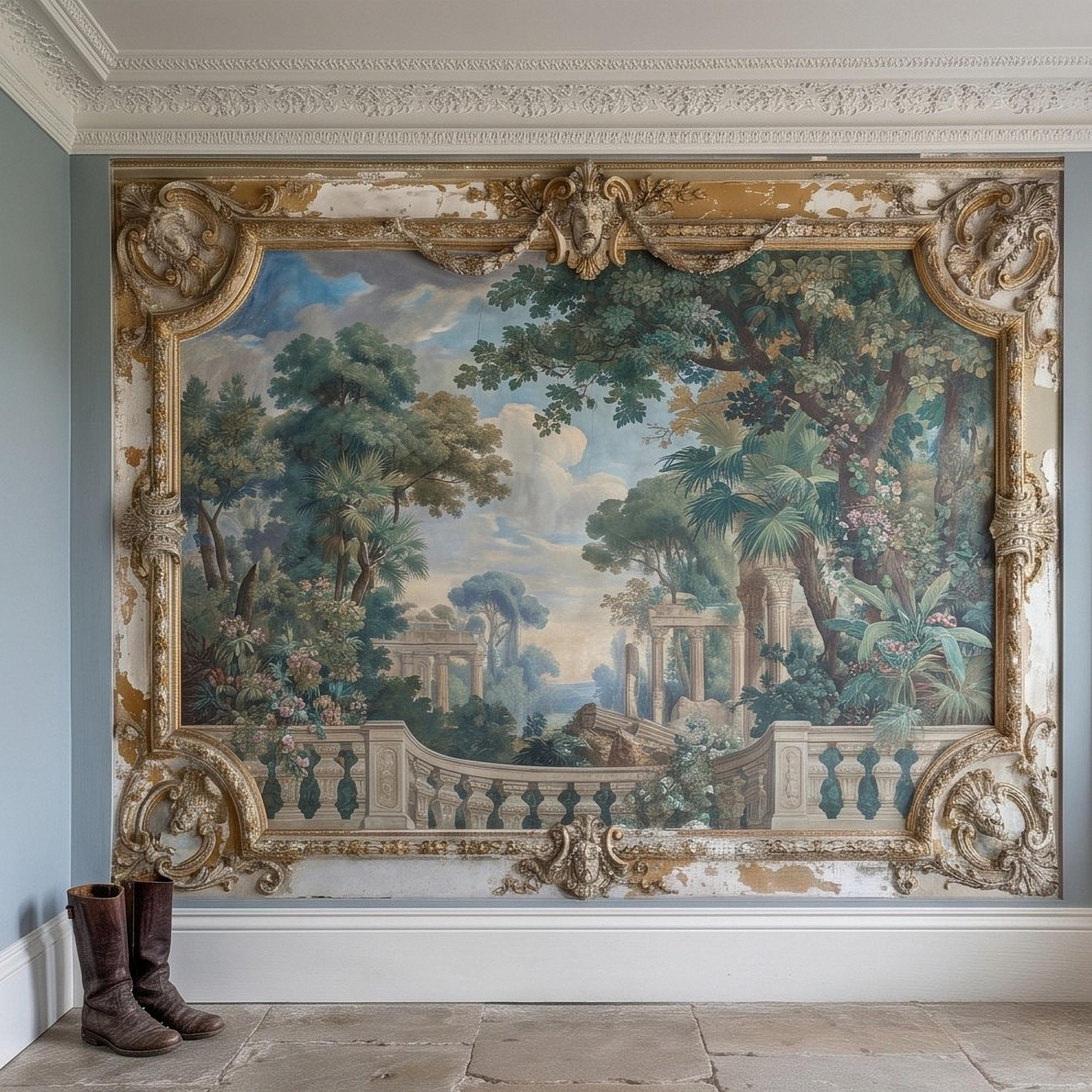 Baroque Garden Fresco Peel and Stick Wall Mural, Antique Classical Landscape Palace Ruins Trompe L'Oeil Wallpaper