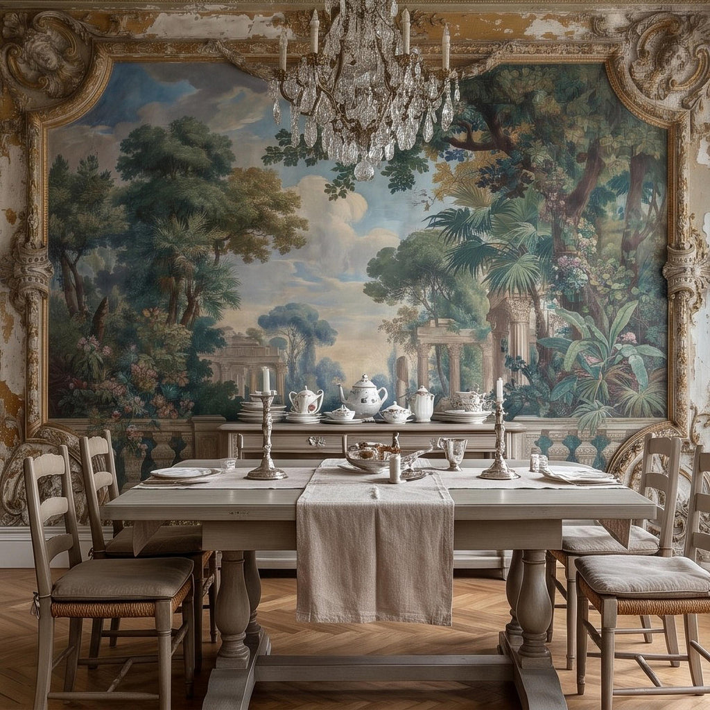Baroque Garden Fresco Peel and Stick Wall Mural, Antique Classical Landscape Palace Ruins Trompe L'Oeil Wallpaper